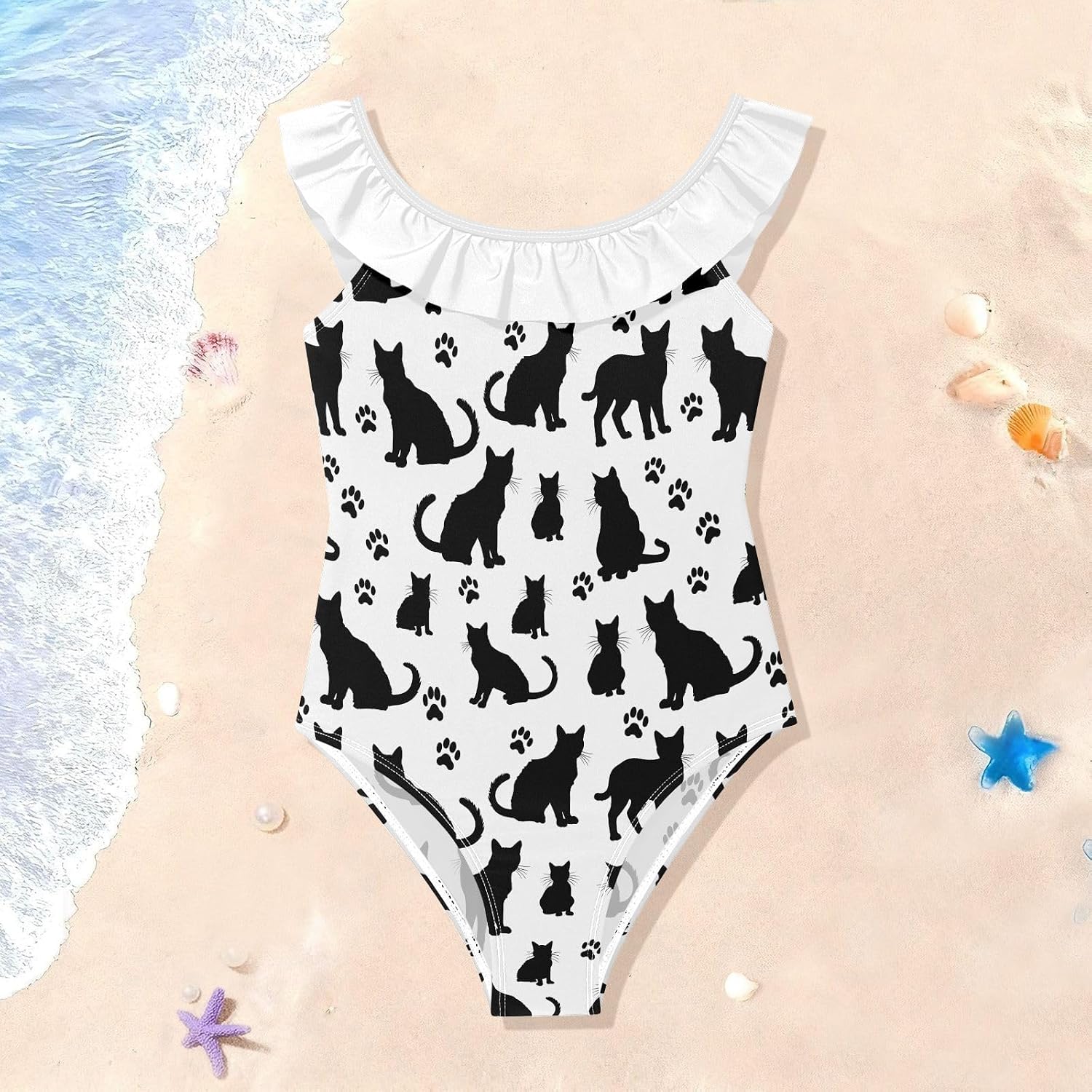 visesunny Girls One Piece Swimsuits Ruffle Swimwear Black Cat Paw Print Bathing Suits for Girls 3-6Y