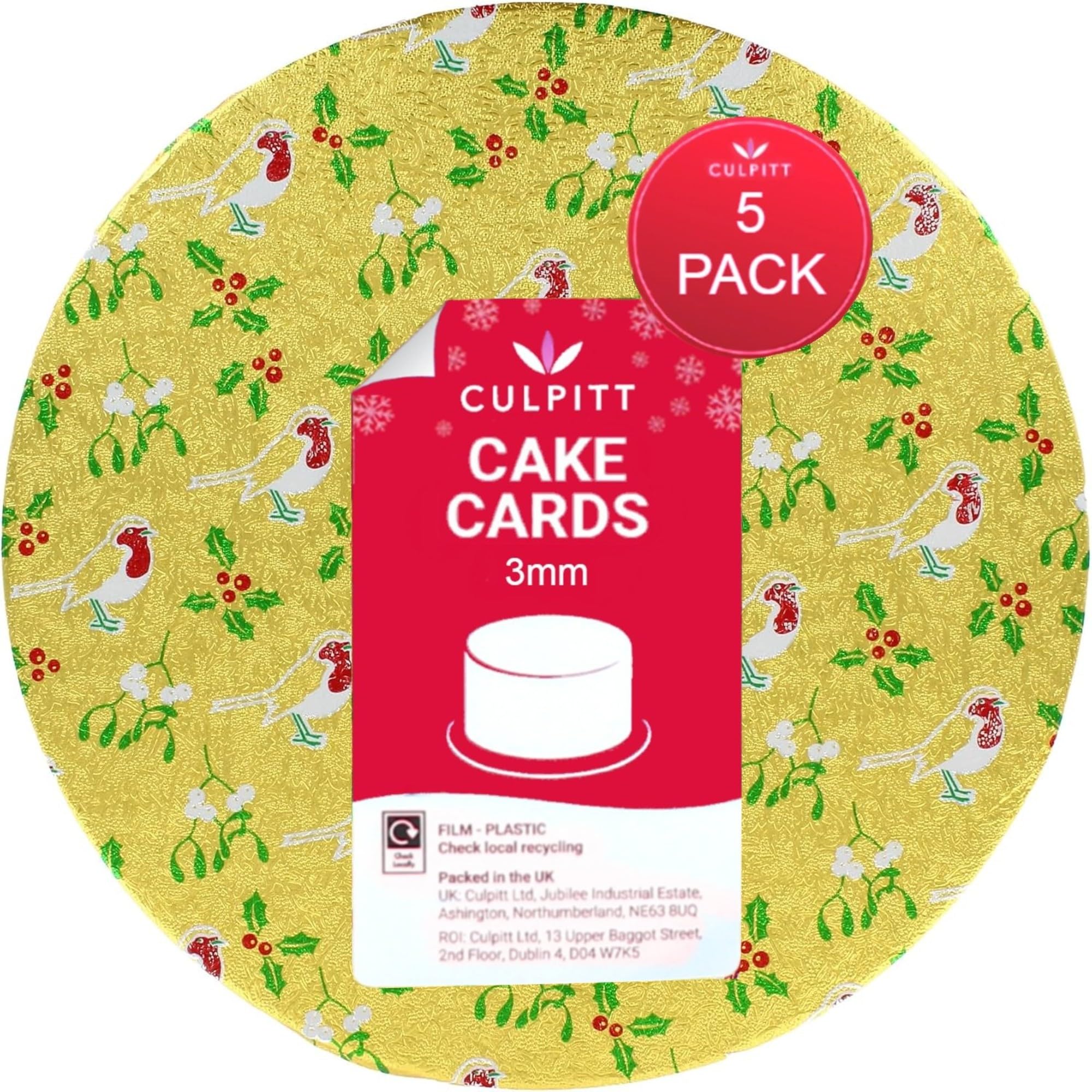 Culpitt Christmas Cake Boards | 6" Gold Robin Cake Cards - 5 Pack
