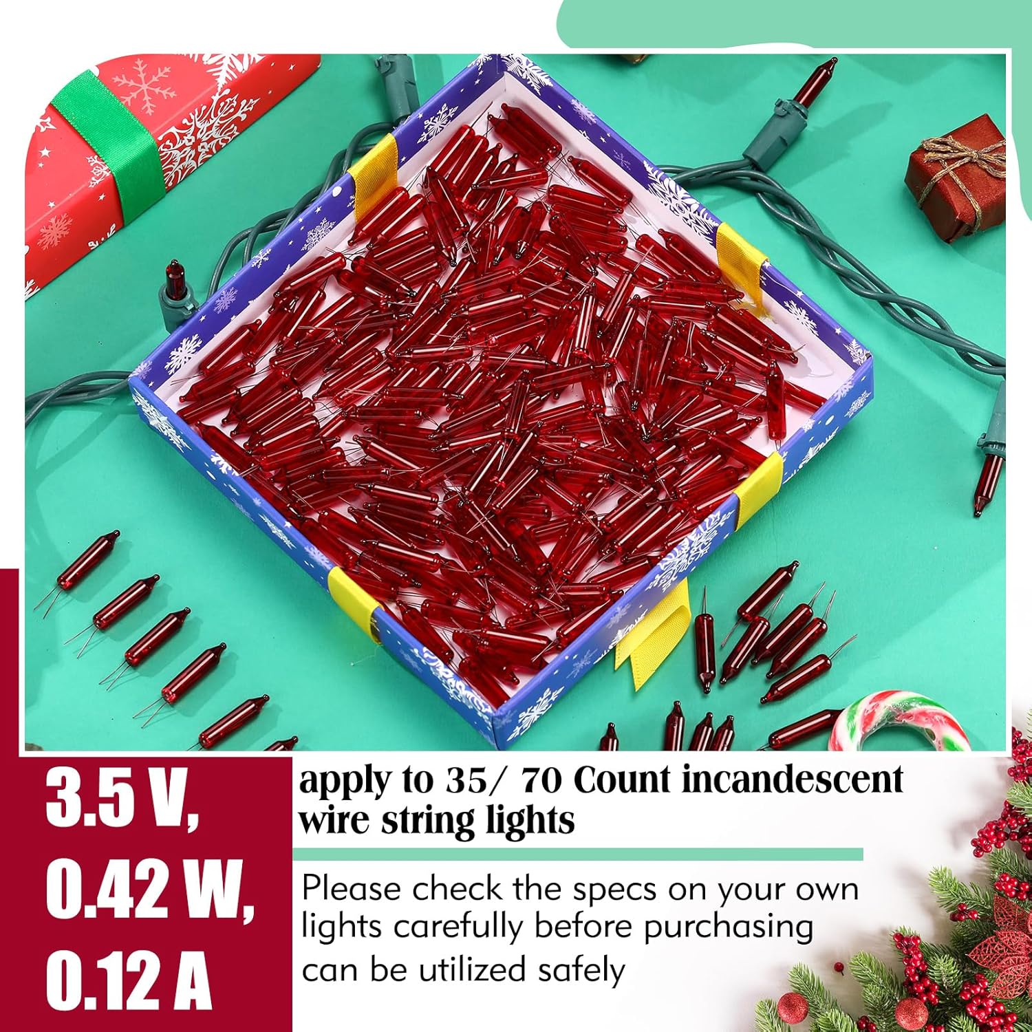 Remagr 140 Pcs 3.5v Christmas Mini Light Bulbs Xmas Holiday Incandescent Wire String Lights Clear Replacement Bulbs for Valentines Day Mardi Gras Indoor Outdoor Decor (Red)