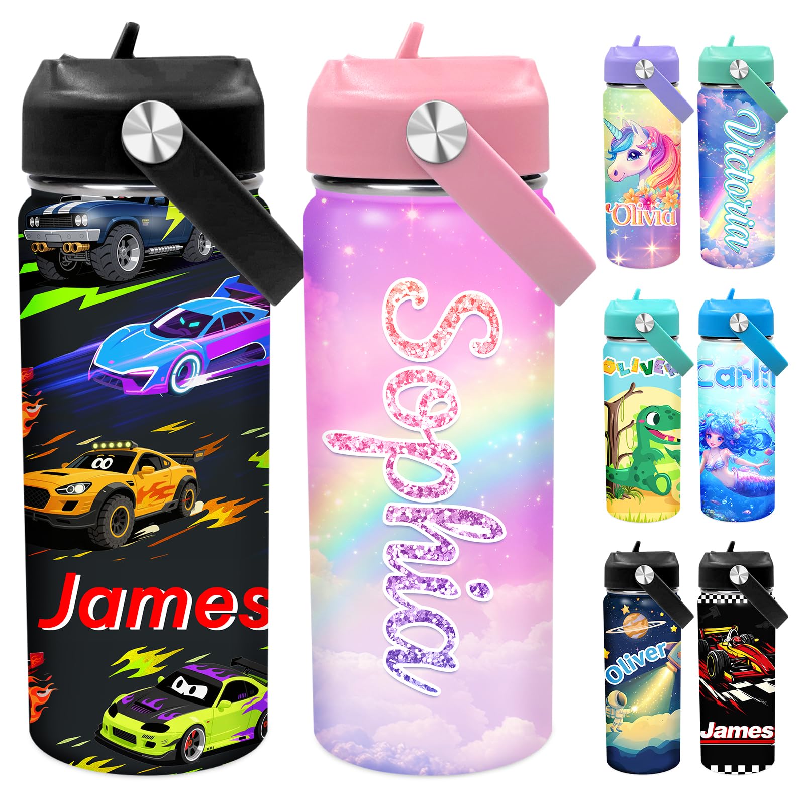 Personalized Kids Water Bottle with Name Back to School Gifts for Boys Girls 18oz Custom Cup with Straw