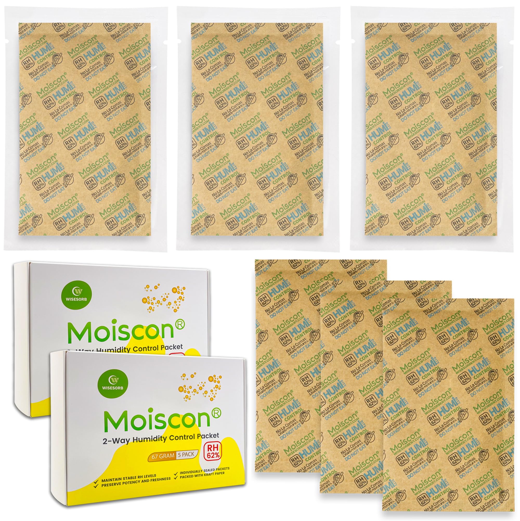Wisesorb 67 Gram 10 Pack 62% Two-Way Humidity Control Packs for Storing 1 lb, Size 67 Moisture Control Packets Individually Wrapped, Humidifier Packs for Storage Containers