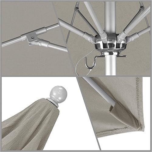 Miniatura 9 de California Umbrella Paraguas redondo de aluminiofibra de vidrio de 9 pies, empuje abierto, poste plateado, verde cazador de olefina