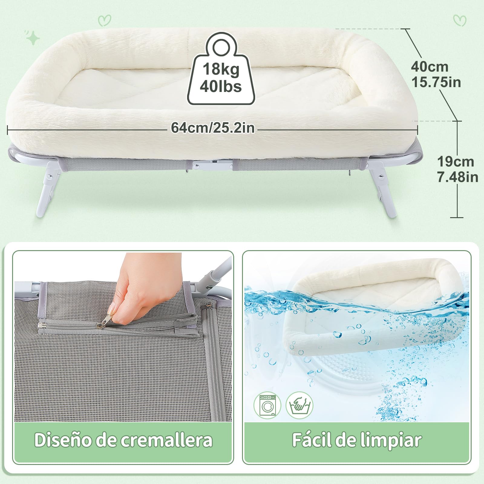 GUUSII HOME Cama Gato Elevada Hamaca Perros Pequeños Amaca per Gatti Plegable Lettino para Gatos Mascota Sofa Gattos con Marco de Metal Interior Exterior Fácil de Montar 64X40X19 cm（Blanco）