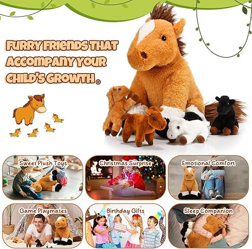 Miniatura 7 de Lenwen 5 piezas de animales de peluche de caballo de 18 pulgadas grande mamá caballo de peluche con 4 bebés en cremallera para nutrir el vientre