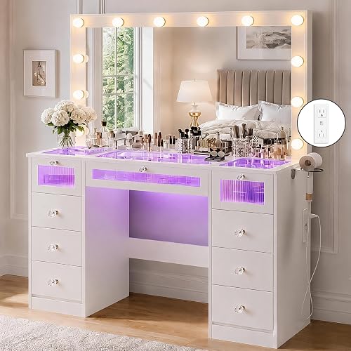 IFSEB Makeup Vanity Desk with Lights, White Vanity Glass Top, 36.9'' Mirror | 9 Drawers, 3 Color Bulbs, RGB Lighting, Charging Station, 10X Magnifying Mirror, Crystal Knobs, Hair Dryer Rack, Fir Wood
