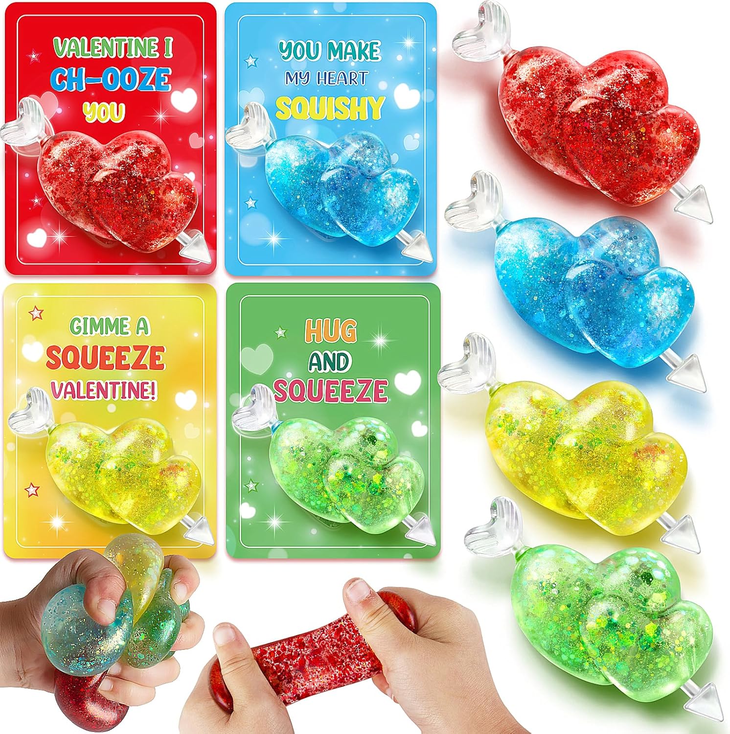 Valentines Day Gifts Cards for Kids, 24 Pack Double Heart Squeeze Balls with Greeting Cards for Kids Classroom Exchange Prizes, Stretchy Toy Balls Bulk Gift, Squeeze Relief Fidget Toy for Party Favor