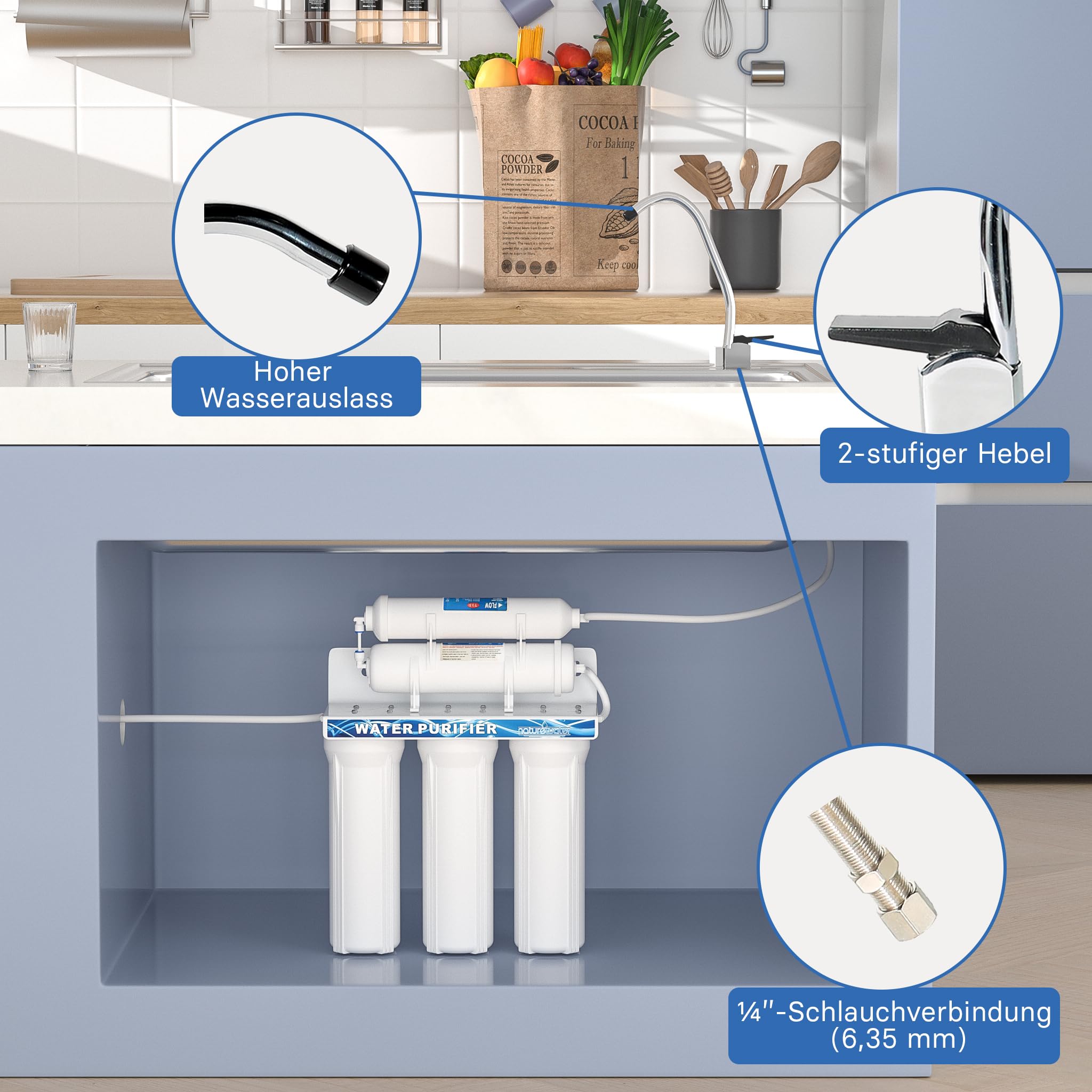 Naturewater NW-PR305 5 Stufen Wasserfilter, 5 µ, PP Kartusche, Untertischfilter Wandhalterung, Filterschlüssel, Sedimentfilter Aktivkohle, Wasserhahn, 2,5m Schlauch, Kurzdreiwegeventil, Kugelhahn