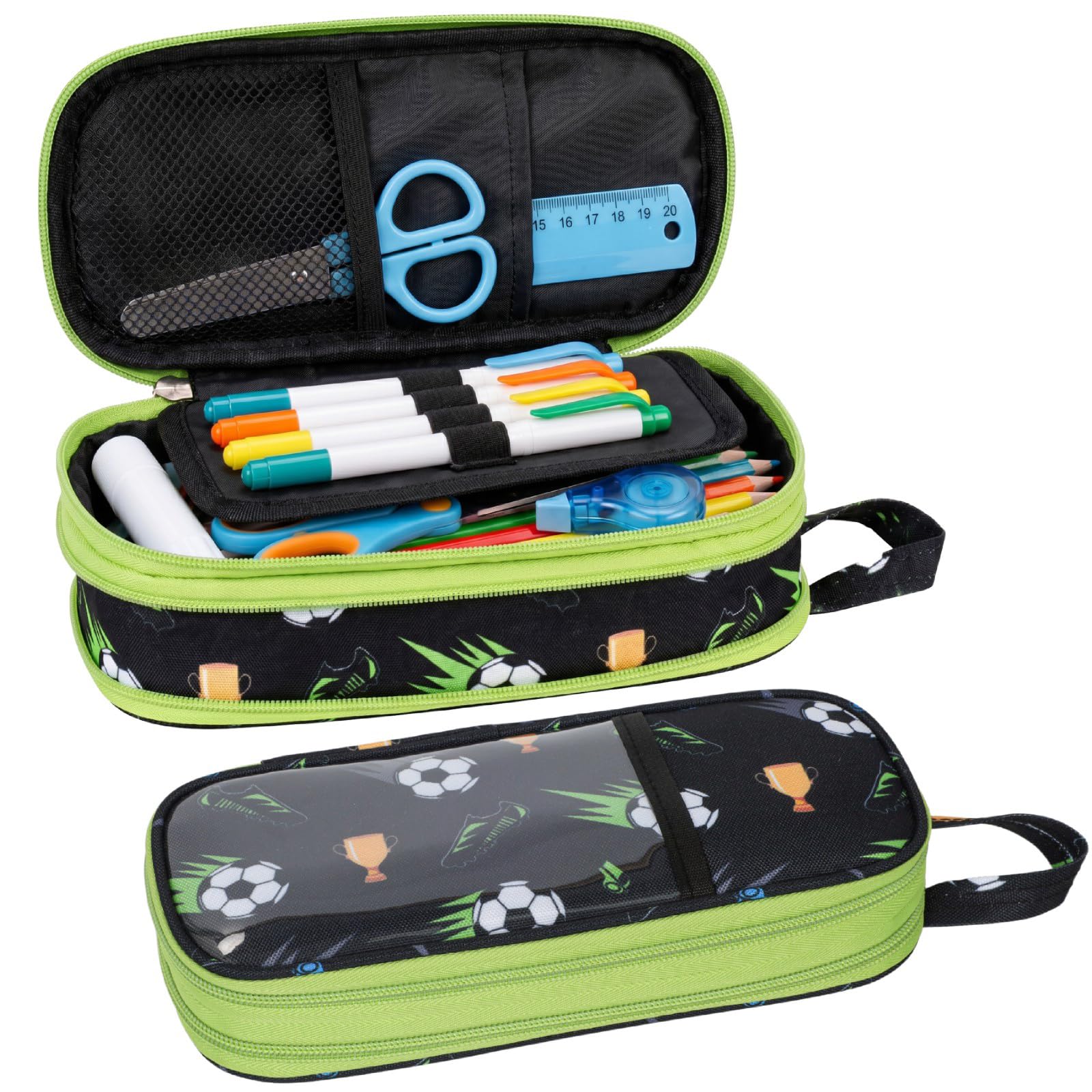 Bagseri Pencil Case for Girls - Expandable Kids Pencil Case Large Capacity Pencil Pouch Organizer Student Pencil Boxs (Green Football) — image 1