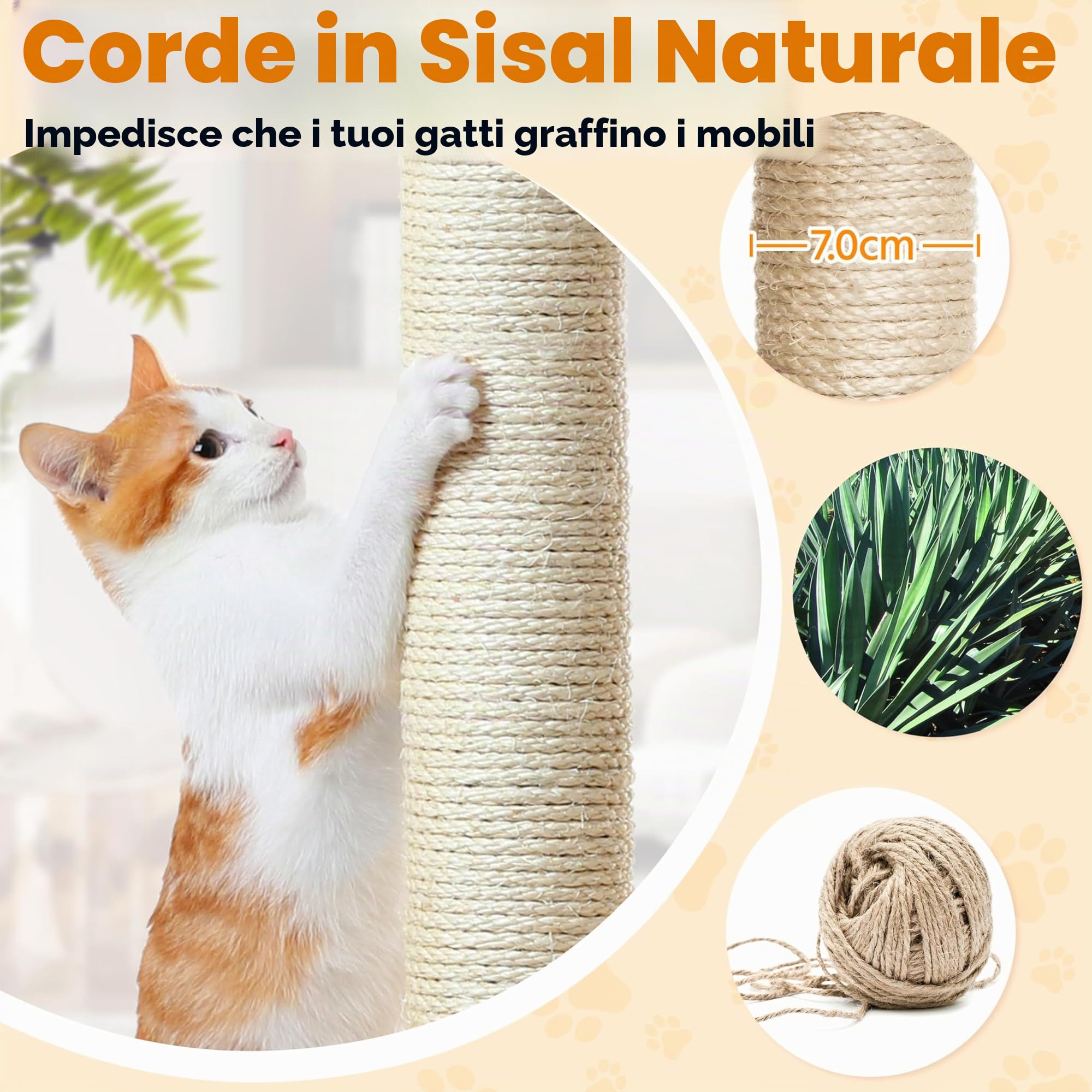 Yaheetech Albero Tiragraffi per Gatti Altezza 209 cm in Truciolato e Corda in Sisal con Condomini Posatoi e Amaca per Gioco e Pisolini Multilivello Beige