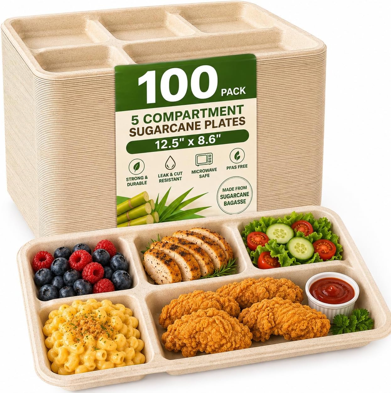 Tinybee 5 Compartment Compostable Plates, 12.5 x 8.6, 100 Pack, Natural