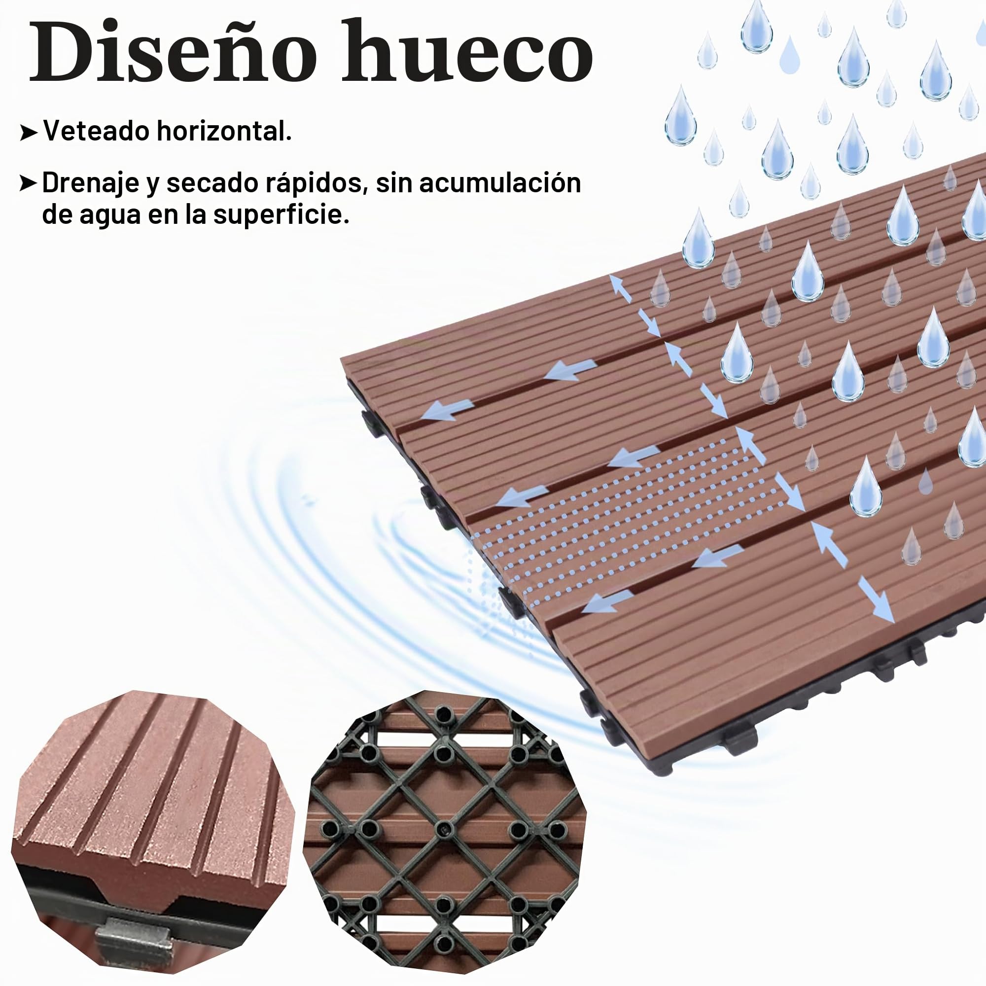 UISEBRT 6 unidades de suelo de balcón de WPC, azulejos de terraza, aspecto de madera, sistema de clic, de plástico, para jardín, balcón, terraza (30 x 60 cm, marrón)