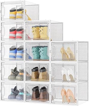 Shoe Storage Box, 12 pcs Stackable Shoe Boxes Clear Plastic, Fit UK 12