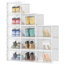 HOMIDEC Scatole per Scarpe,12 pcs Scatole Portascarpe in Plastica Trasparenti impilabili, Contenitori Portascarpe con Coperchi per donna, uomo,L