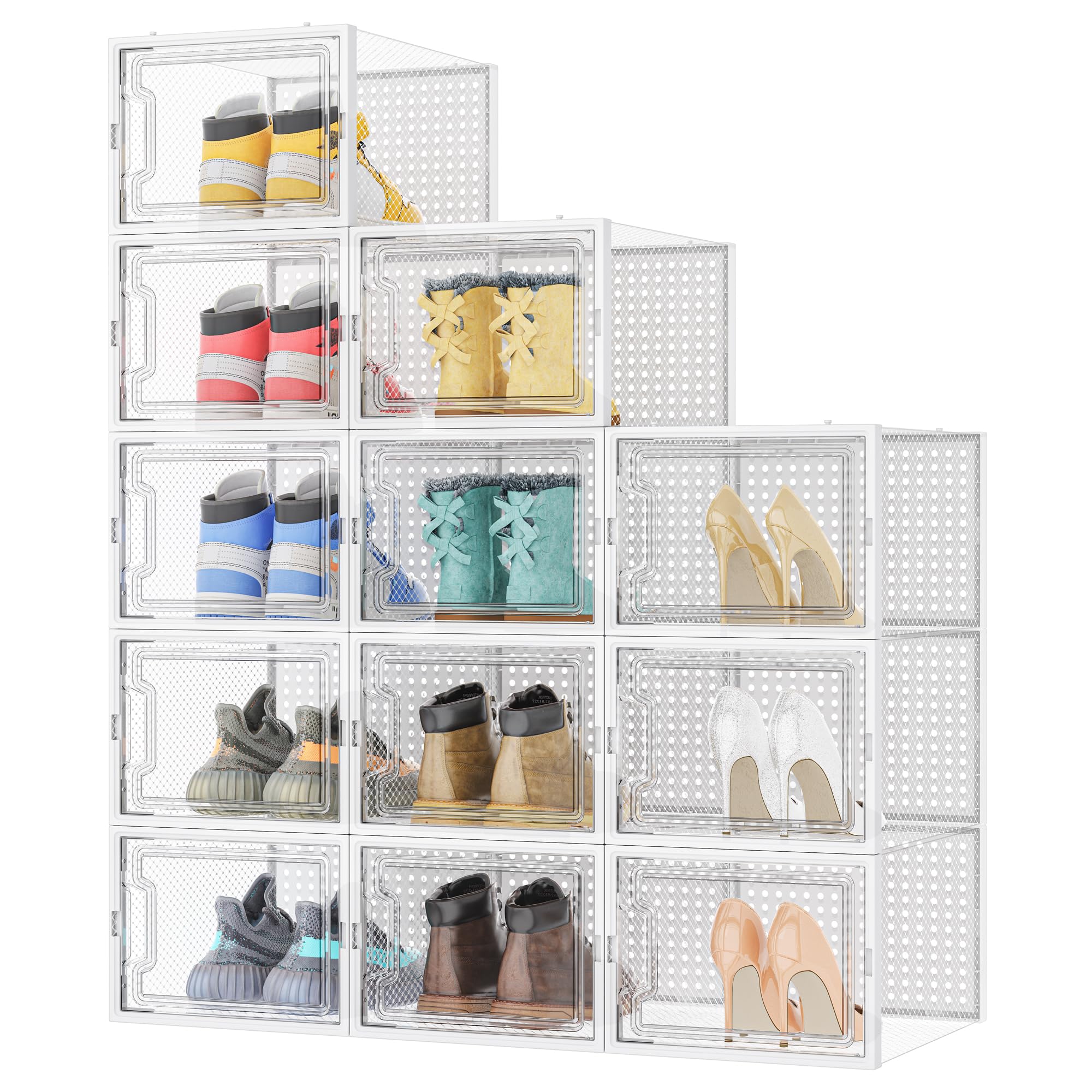 HOMIDEC Shoe Storage Box,12 pcs Stackable Shoe Boxes Clear Plastic Shoe Organizer Shoe Containers with Lids for Women/Men,Fit UK 12,White