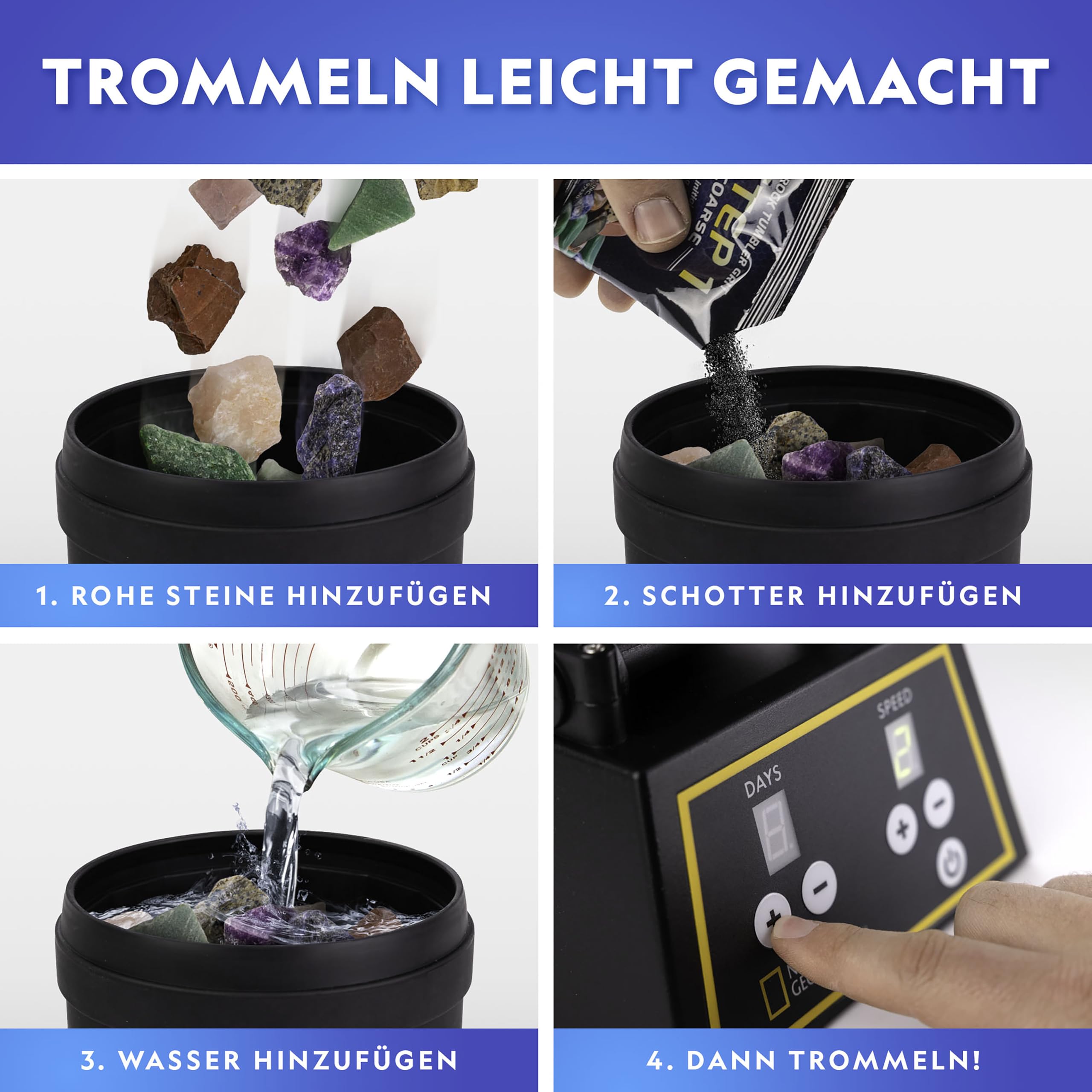 National Geographic Professionelles Rock Tumbler Kit - Rock Polisher für Kinder und Erwachsene, komplettes Rock Tumbler Kit mit haltbarem Becher, Felsen, Körnung und unserem neuen GemFoam Polierer