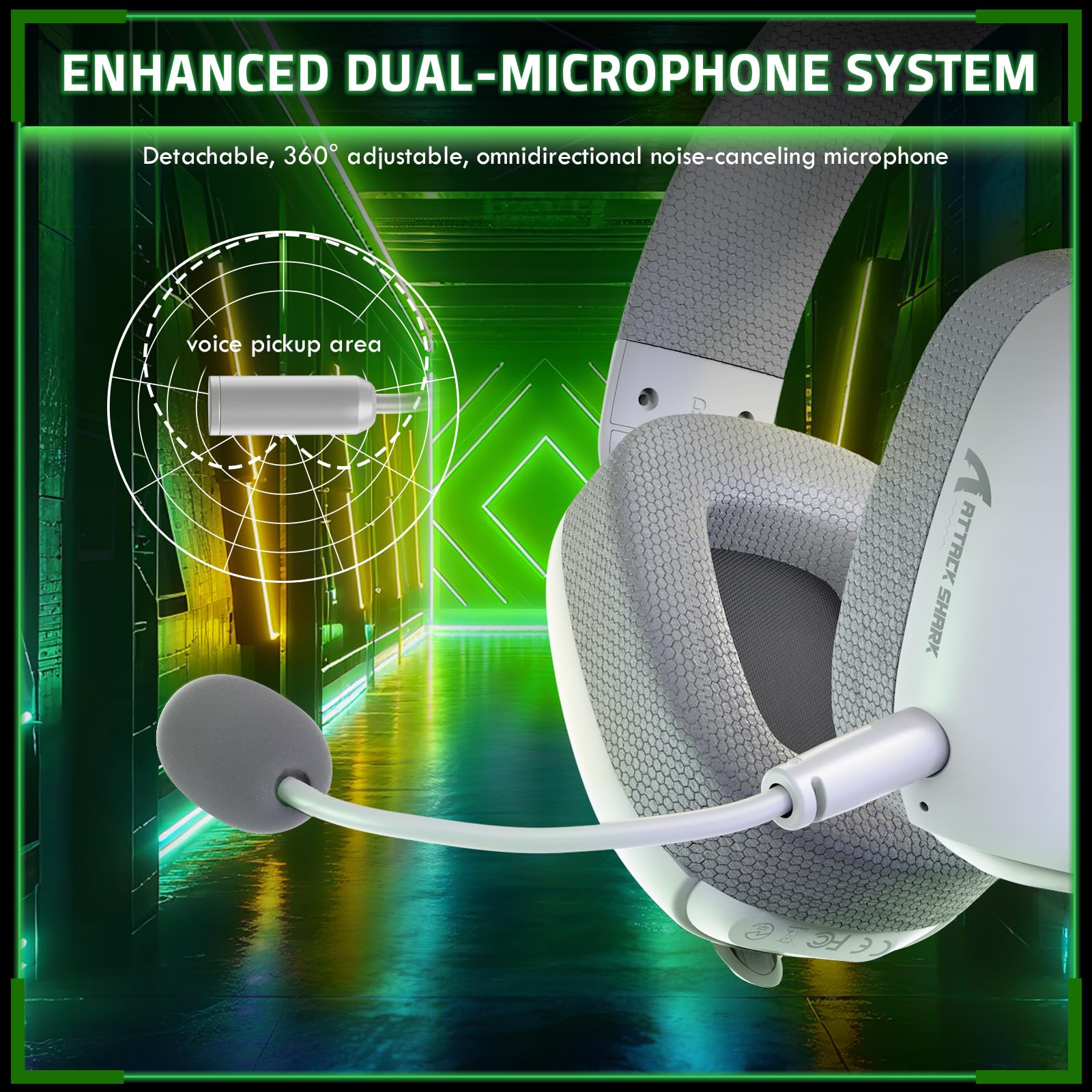 ATTACK SHARK L80PRO Cuffie da Gaming Wireless, Microfoni Doppi Regolabili, Suono Surround 3D, 20ms di Bassa Latenza, Driver da 40mm, 3 Modalità (2.4G/Bluetooth/Cablato) per PC/Phone-Bianco