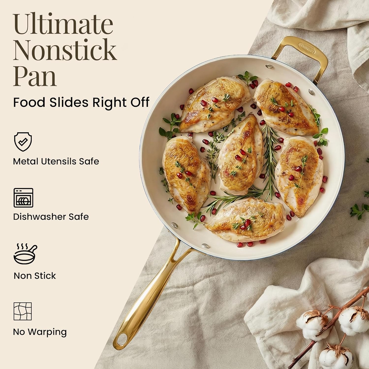 Gotham Steel 14 Inch Non Stick Frying Pans, Family Sized Non Stick Skillet, Large Frying Pan Nonstick Frying Pan, Induction Pan, Nonstick Pan for Cooking, Oven Safe Skillet, Dishwasher Safe–Cream Navy