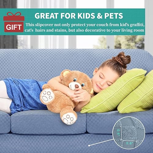 Miniatura 3 de YEMYHOM  Juego de 3 fundas a cuadros para sofá de 2 cojines, biplaza, gruesas y elásticas, protegen de perros y mascotas (azul claro), de 55 a 69