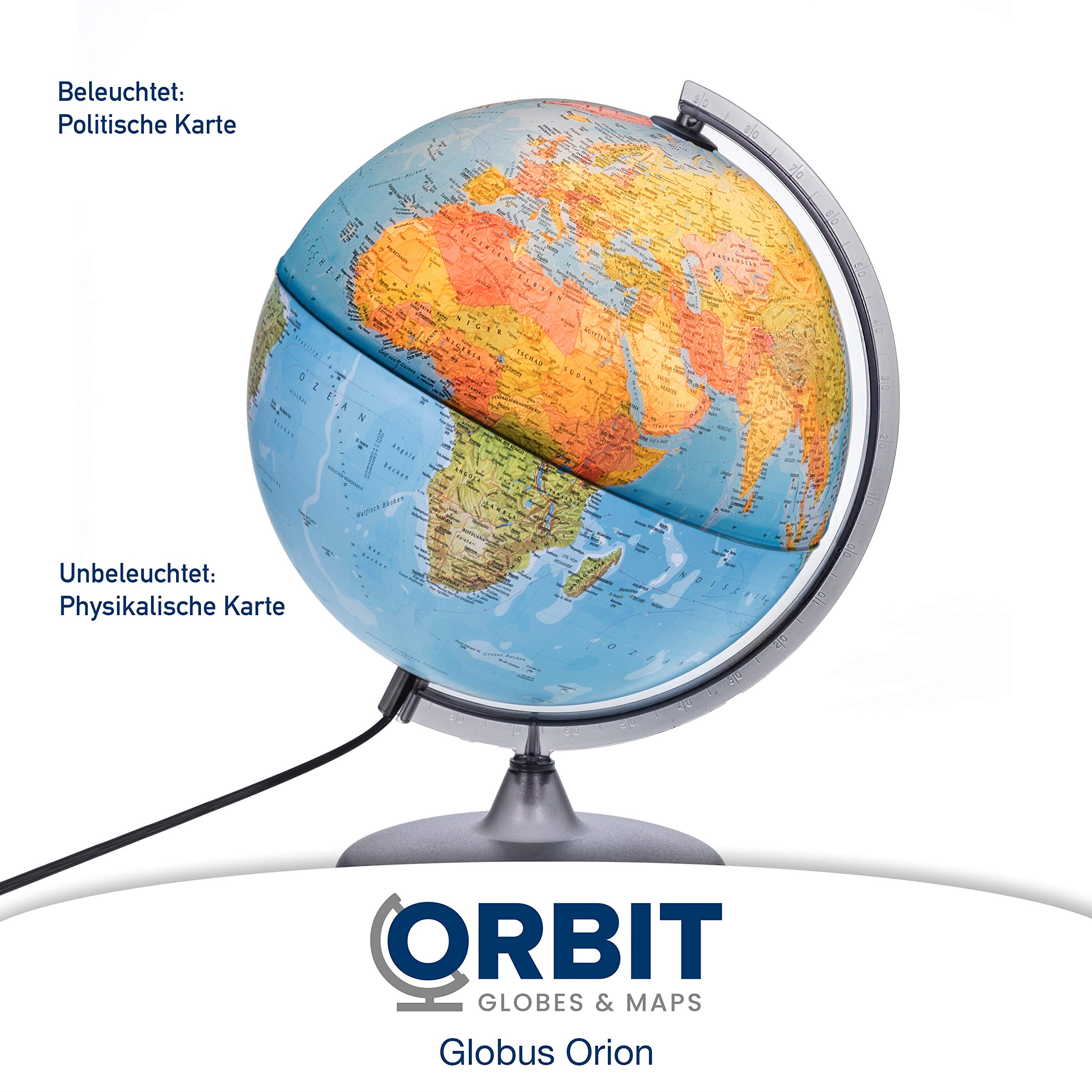 ORBIT GLOBES & MAPS - Leuchtglobus - 30cm Globus mit stabilem Standfuß, Kartenbild 2026 physikalisch/politisch mit LED Leuchte, Aktuelles deutsches Kartenbild, Schülerglobus
