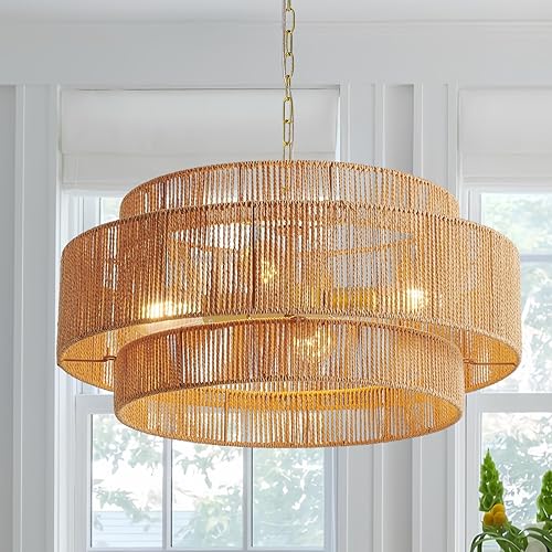 Candelabros grandes de ratán de 3 niveles, luces colgantes de mimbre de 22.8 pulgadas, candelabros bohemios tejidos, accesorio de iluminación de