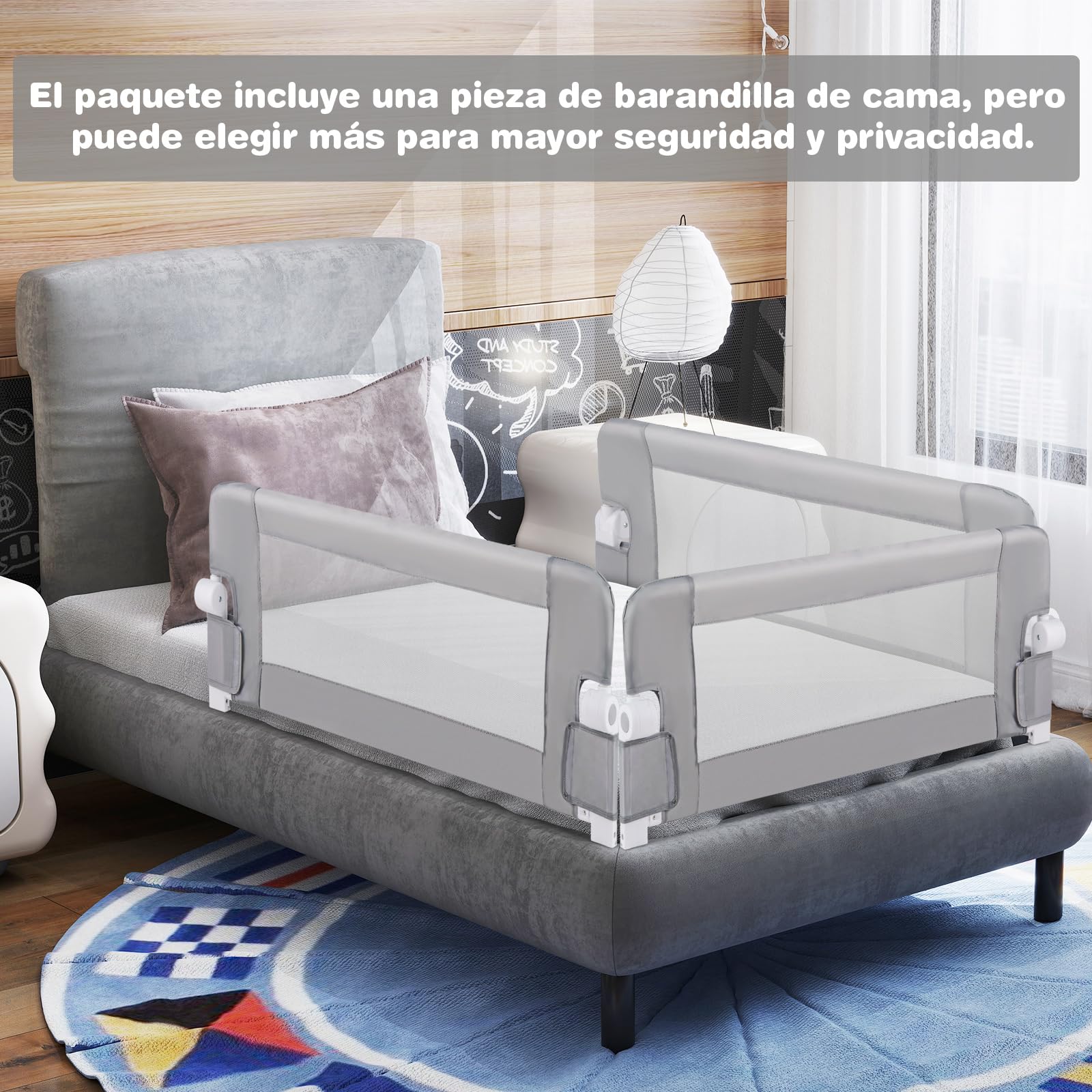 GOPLUS Barandilla Plegable para Cama de Niños Pequeños, Barandilla de Cama para Bebé Abatible con Tela Oxford de Malla, Anclaje, Protector de Seguridad para Cama de Tamaño Gemelo, Queen (Gris Claro)