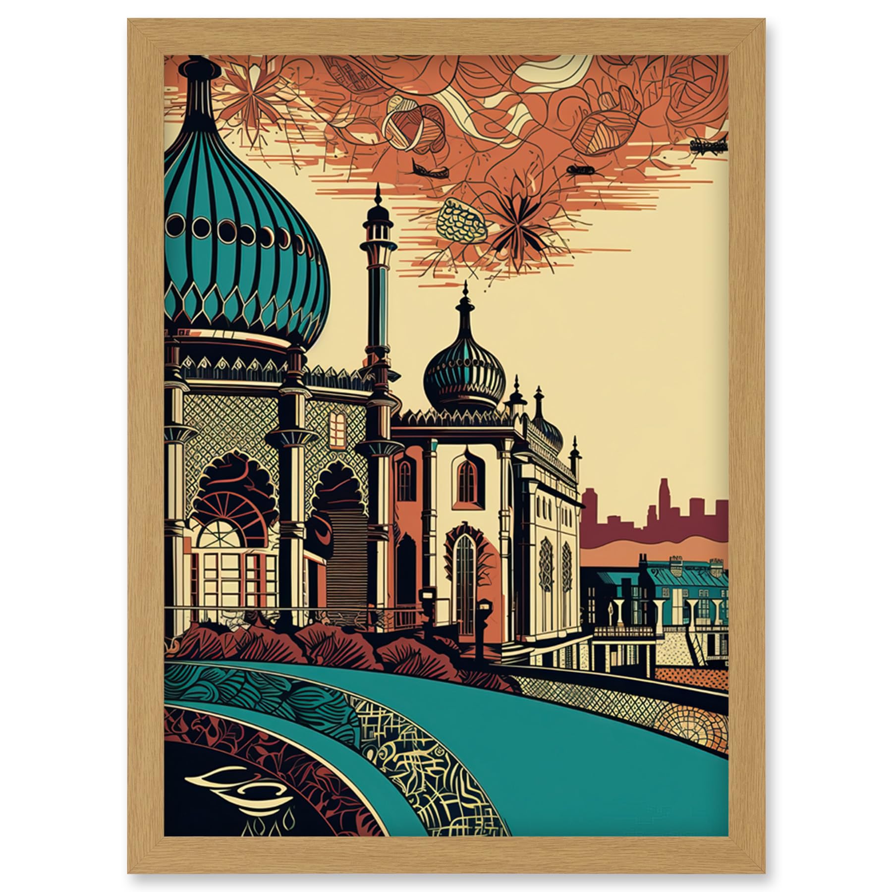 Artery8 Brighton City Royal Pavilion Ornate Illustration Artwork Framed Wall Art Print A4