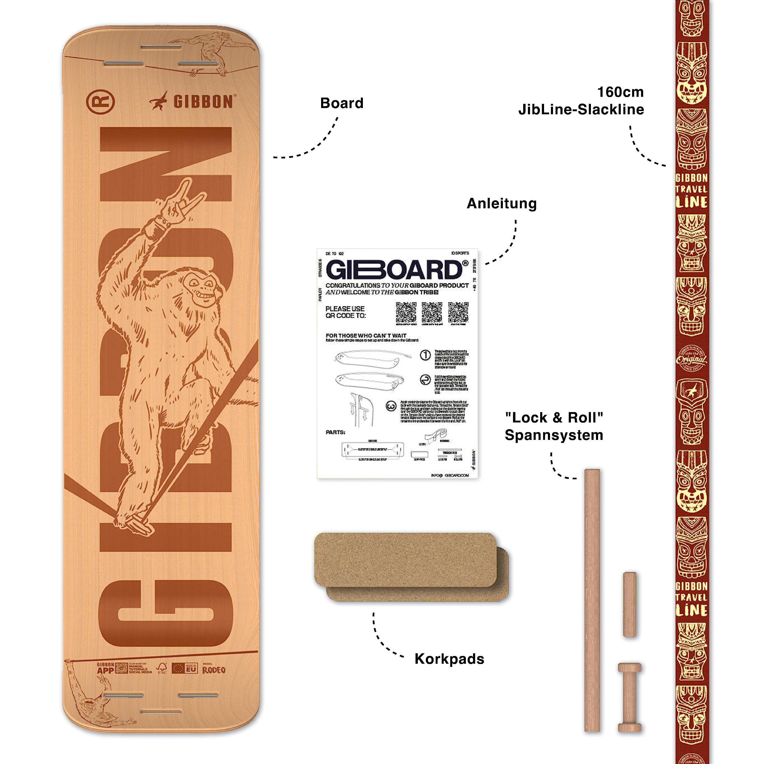GIBOARD-SET BONZO CLASSIC - Innovatives Balance Board | Freestyle-Workout | hochwertiges Buchenholz | Made in Europe | inkl. CLASSICLine Slackline-Set | Kork Pads & Gibbon App Zugang