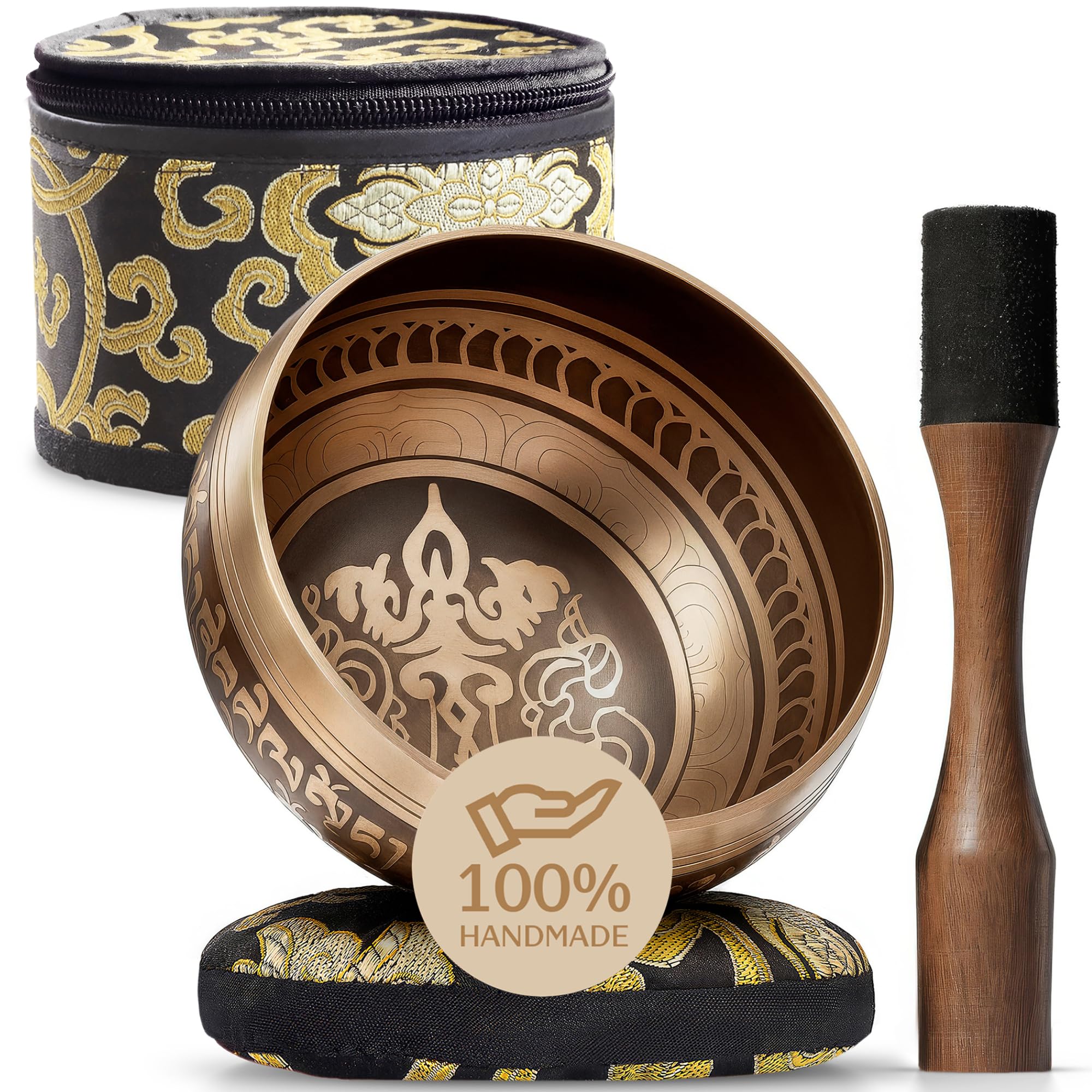 Handmade Tibetan Etched Singing Bowl Set with Case – Meditation Bowl & Sound Bowl with Cushion, Mallet & Guide – Portable Meditation Kit – Therapeutic Sound Devices – Yoga Accessories for Relaxation