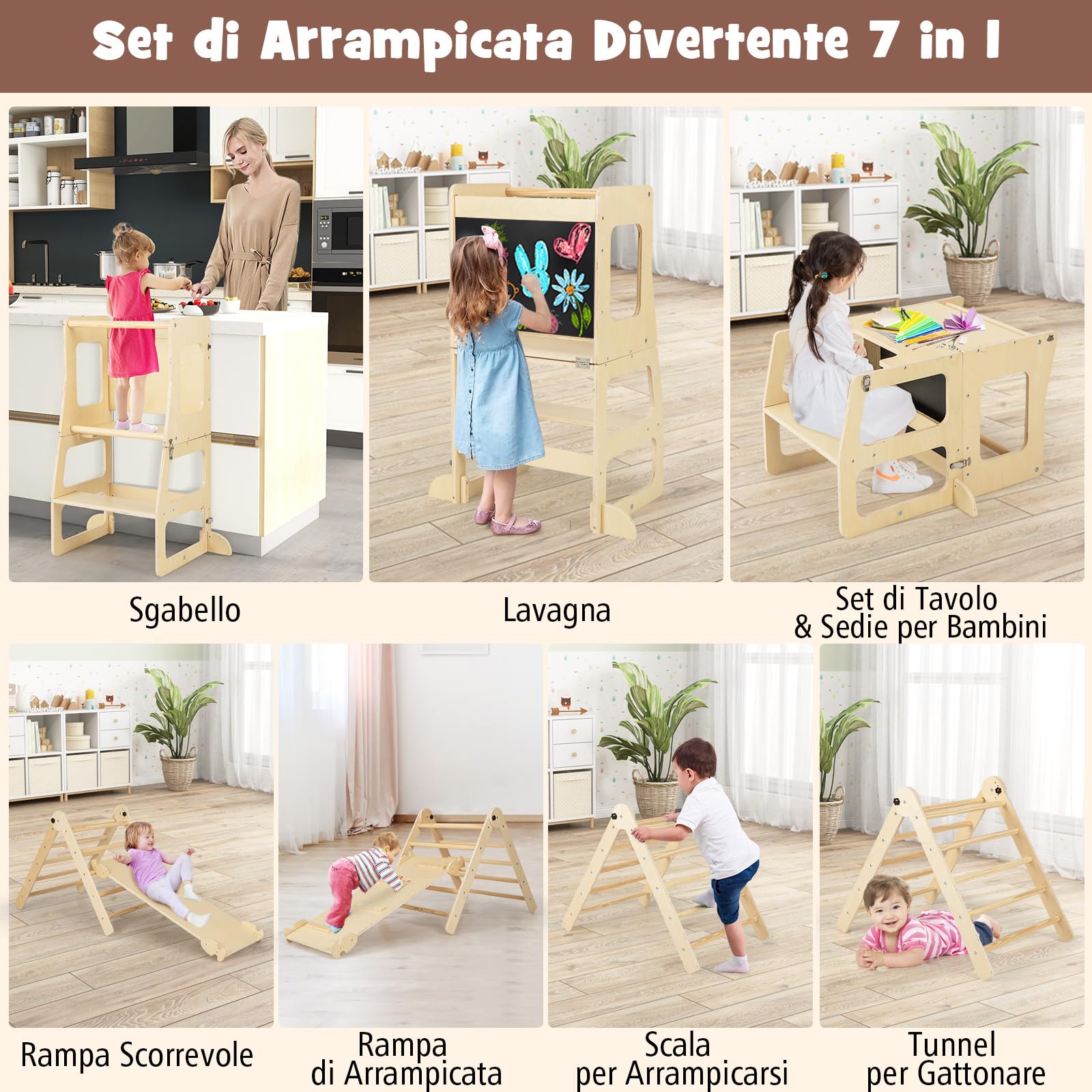 COSTWAY 7 in 1 Set da Arrampicata per Bambini, Giocattoli da Arrampicata Pieghevole con Rampa Reversibile Sgabello Convertibile Tavolo e Sedia Lavagna, 3-14 Anni (Naturale)