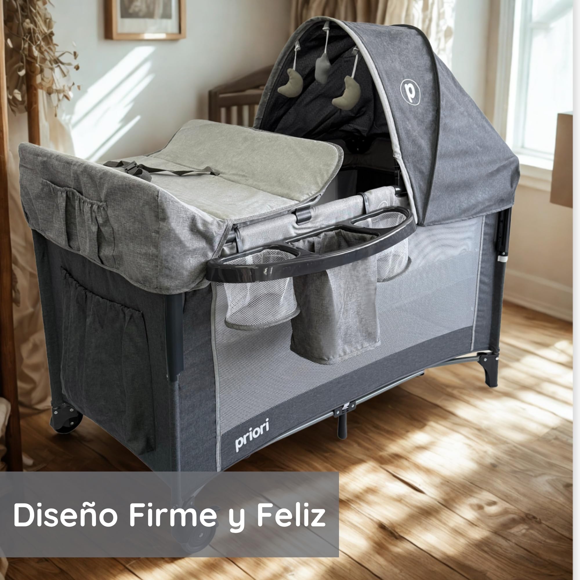 Priori Baby Halley Cuna Colecho Convertible 2 en 1 para Bebé – Portátil con Cambiador, Toldo y Juguetes, Regulable en Altura con Malla Transpirable Ruedas con Freno y Colchón Suave, Hasta 15 kg (Gris)