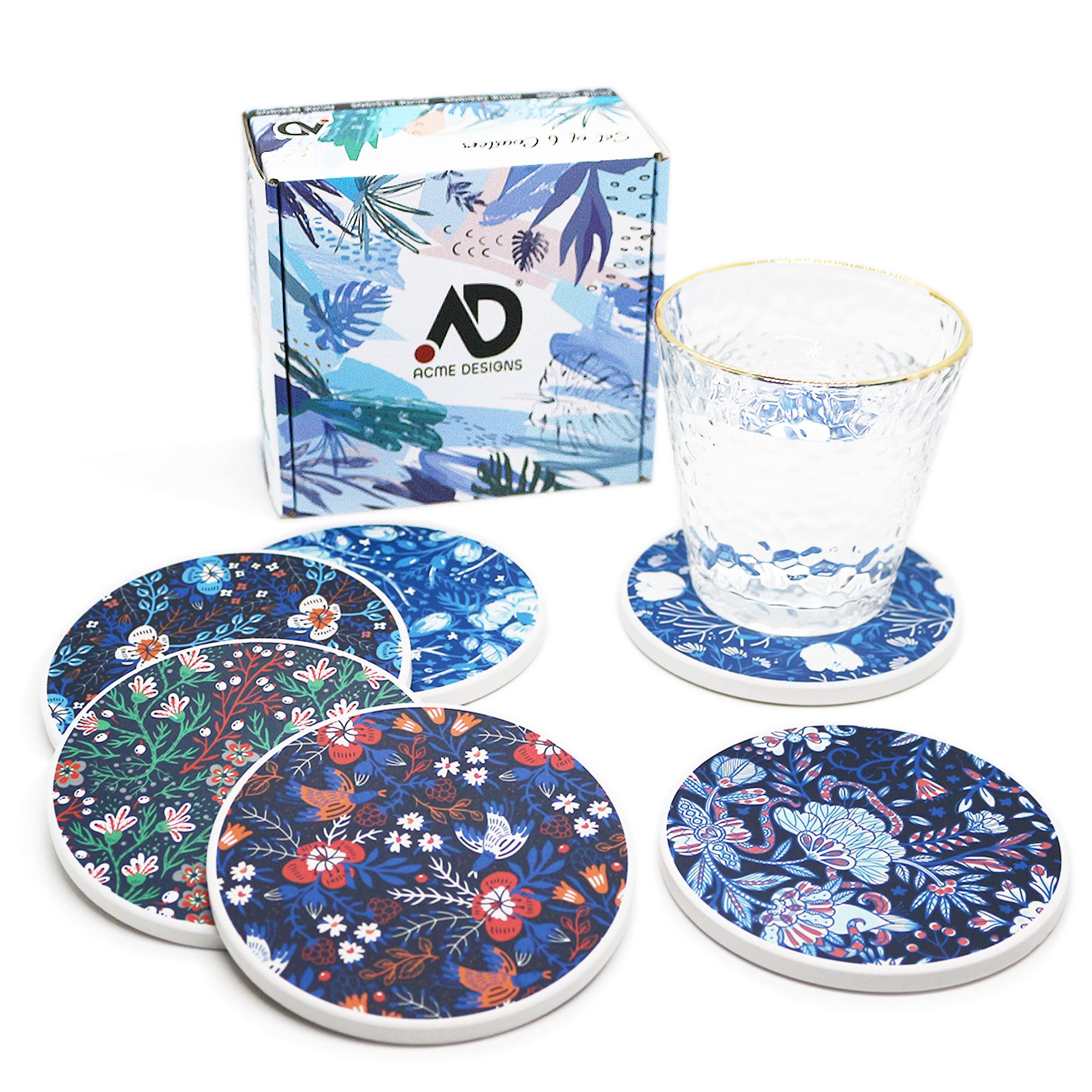 Set of 6 Coasters for Drinks Absorbing Round Ceramic Stone Coaster with Cork Base,Tabletop Protection Mat for Mugs and Cups,Office,Kitchen (Dark Garden)