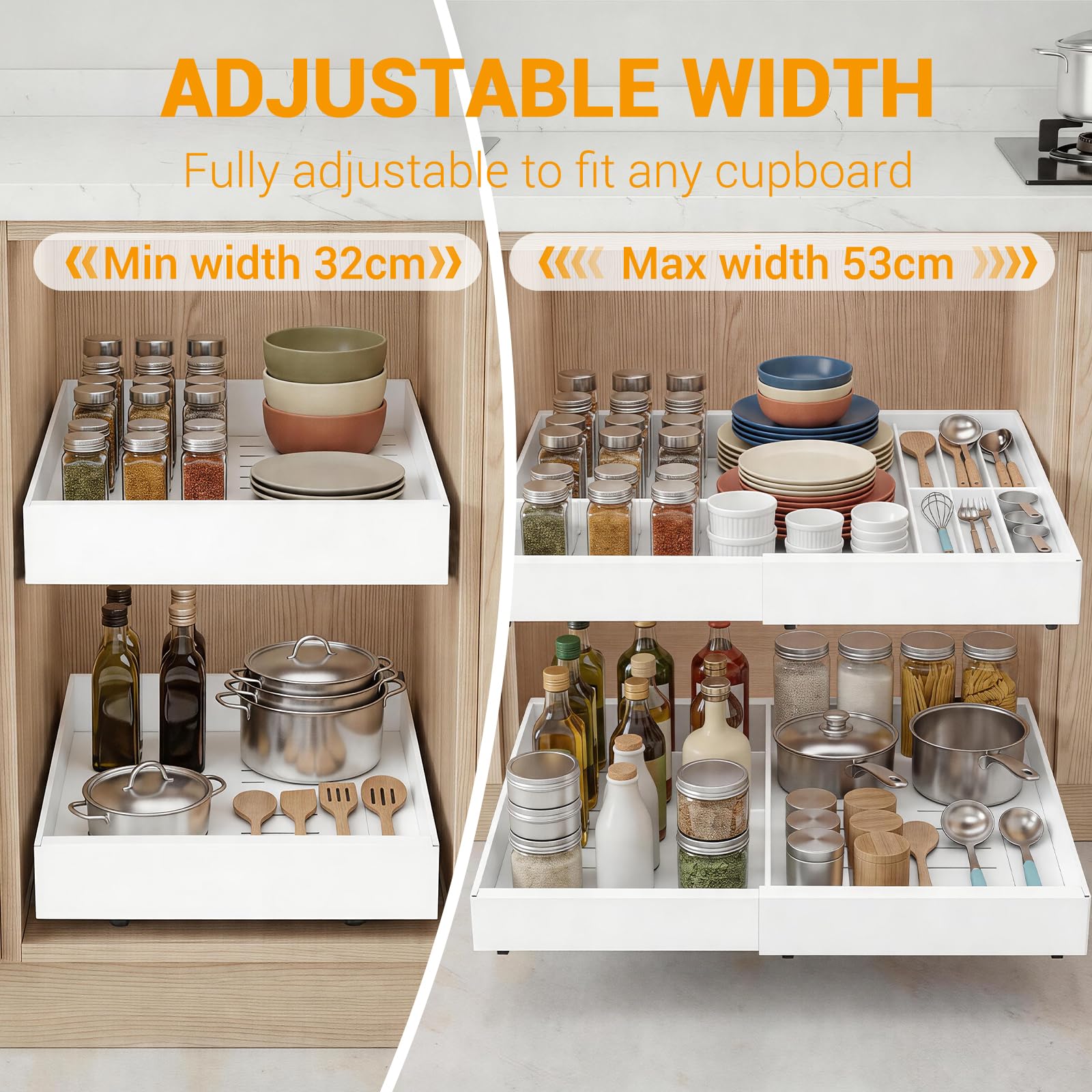 Teleskopschublade Ausziehbar, Küchenschrank Schubladenauszug Mit Kleber, Ausziehbarer Schrank Organizer Ohne Bohren für Küche Bad Wohnzimmer, Einstellbare Breite 32-53 cm, Weiß, 1 Stück