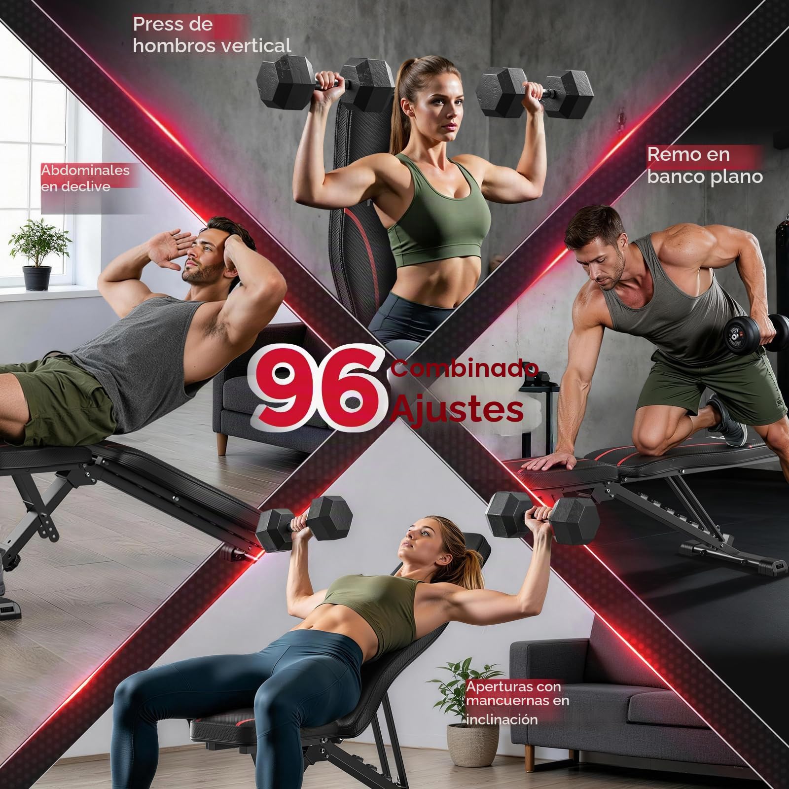 Banco de pesas regulable, plegable y fácil de guardar, posiciones plana/inclinada/declinada/vertical para entrenamiento integral en casa y oficina, preensamblado al 80%