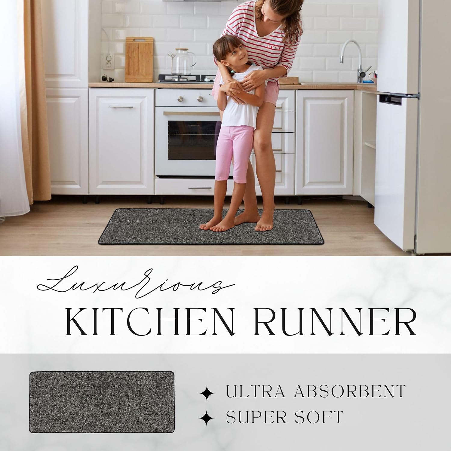 EVIDECO French Home Goods Luxurious Speckled Black and White Kitchen Runner Rug - 20x48 Inches, Super Absorbent & Soft, Machine Washable, Anti-Slip Backing, Perfect for Modern Kitchens