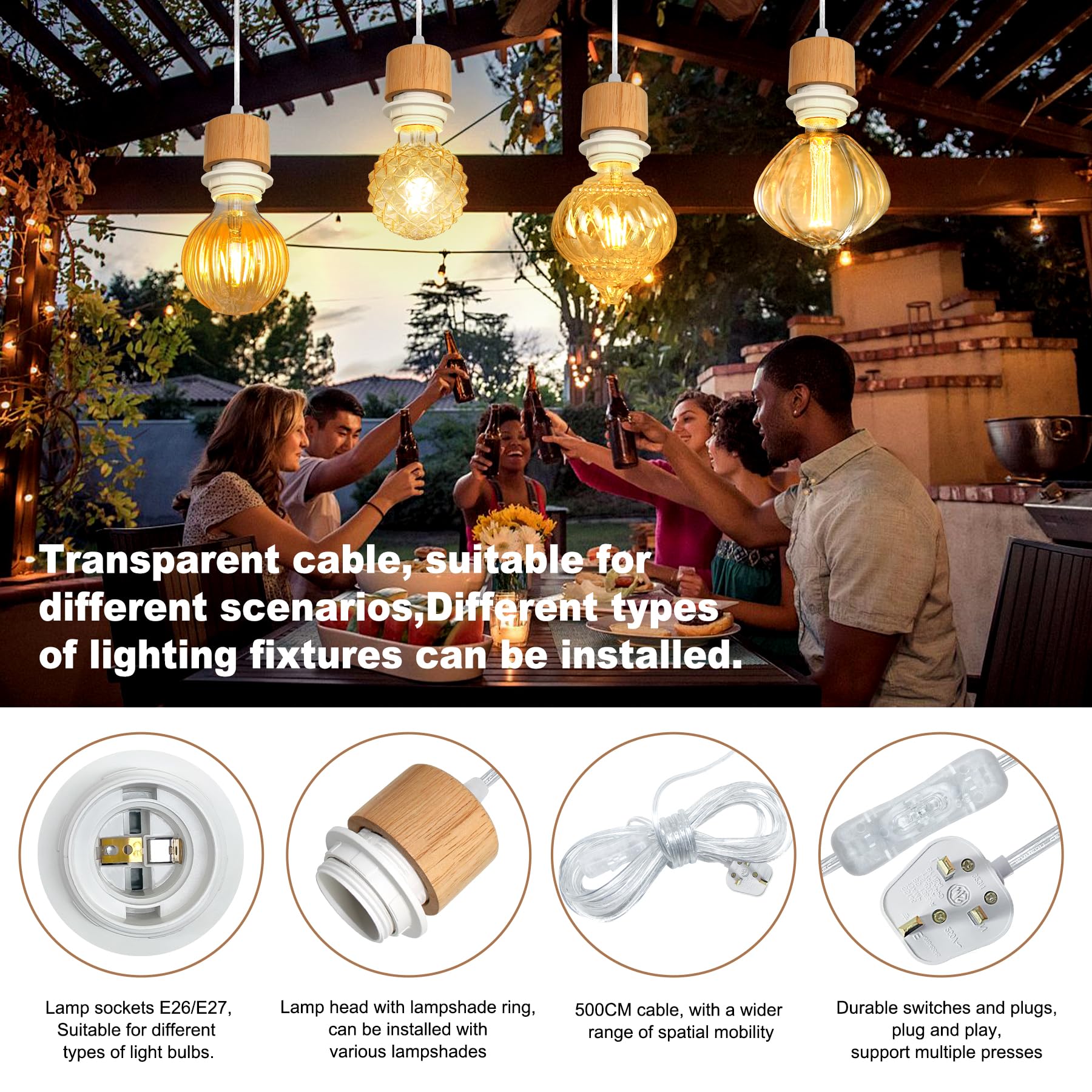 WPQIUZS 2 Pack Plug in Pendant Light, 500CM Transparent Cable, E27 Lamp Holder with Switch, Plug in Ceiling Light - Image 3