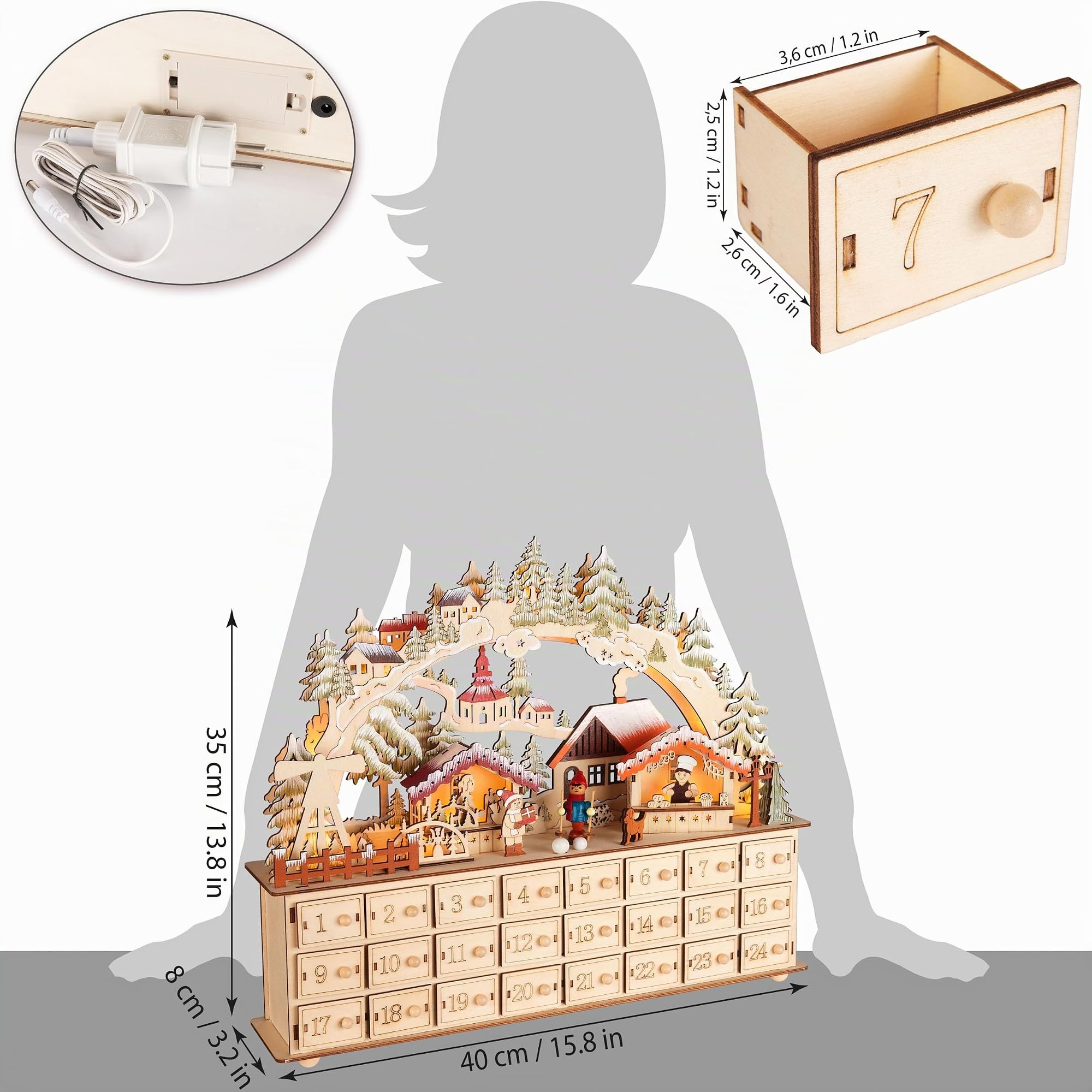BRUBAKER Calendario de Adviento para Rellenar - Aldea de Navidad Iluminado con Arco - Calendario de Navidad de Madera de 40 cm con Iluminación LED - Aldea con Niños, Panadería, Perro y Bosque
