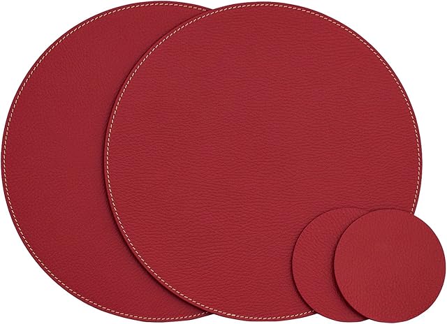 Nikalaz Round Placemats and Coasters Recycled Leather Place Mats, Set of 2 Place Mats and 2 Coasters, Table Mats Placemats 33 cm and Coaster 10 cm (Red)