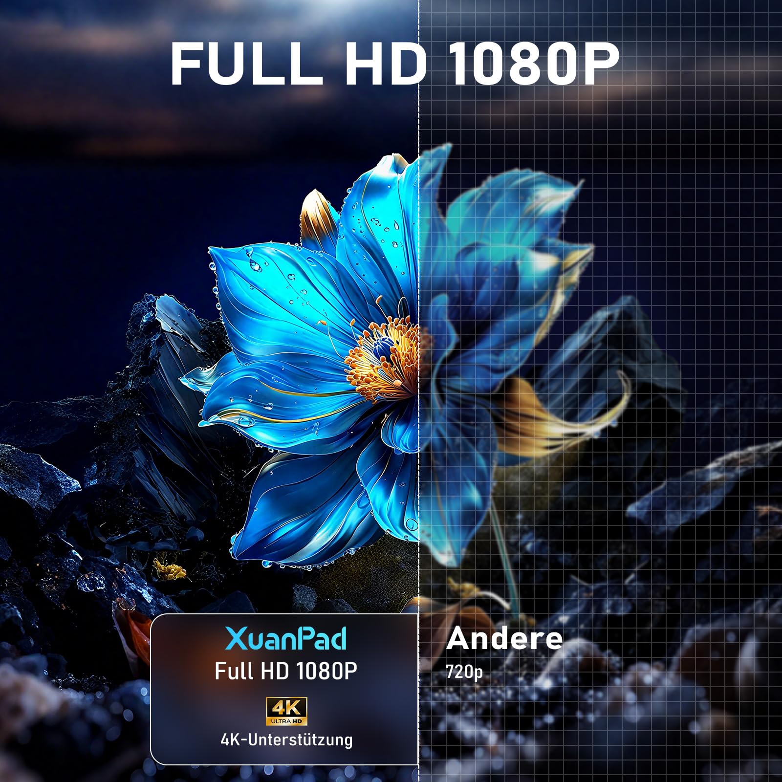 [Mini Beamer & Offizielle Lizenzierte App] XuanPad Weiß Smart Beamer 4K Unterstützung 25000 Lumen mit WiFi und Bluetooth, Tragbarer Native 1080P Outdoor Projektor mit 360° Ständer
