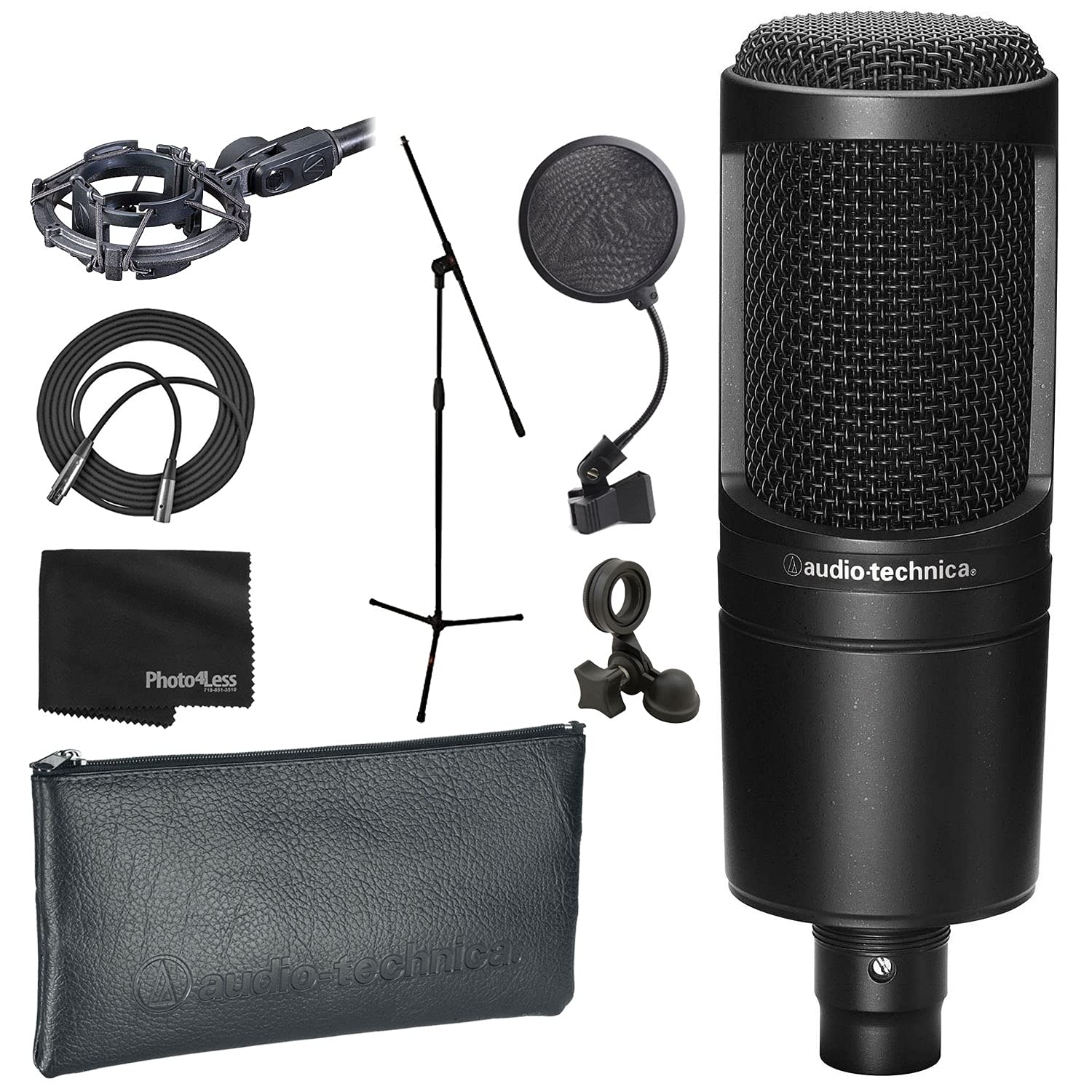 Audio-Technica AT2020 Cardioid Condenser Studio XLR Microphone Black + Audio Technica Shock Mount + 