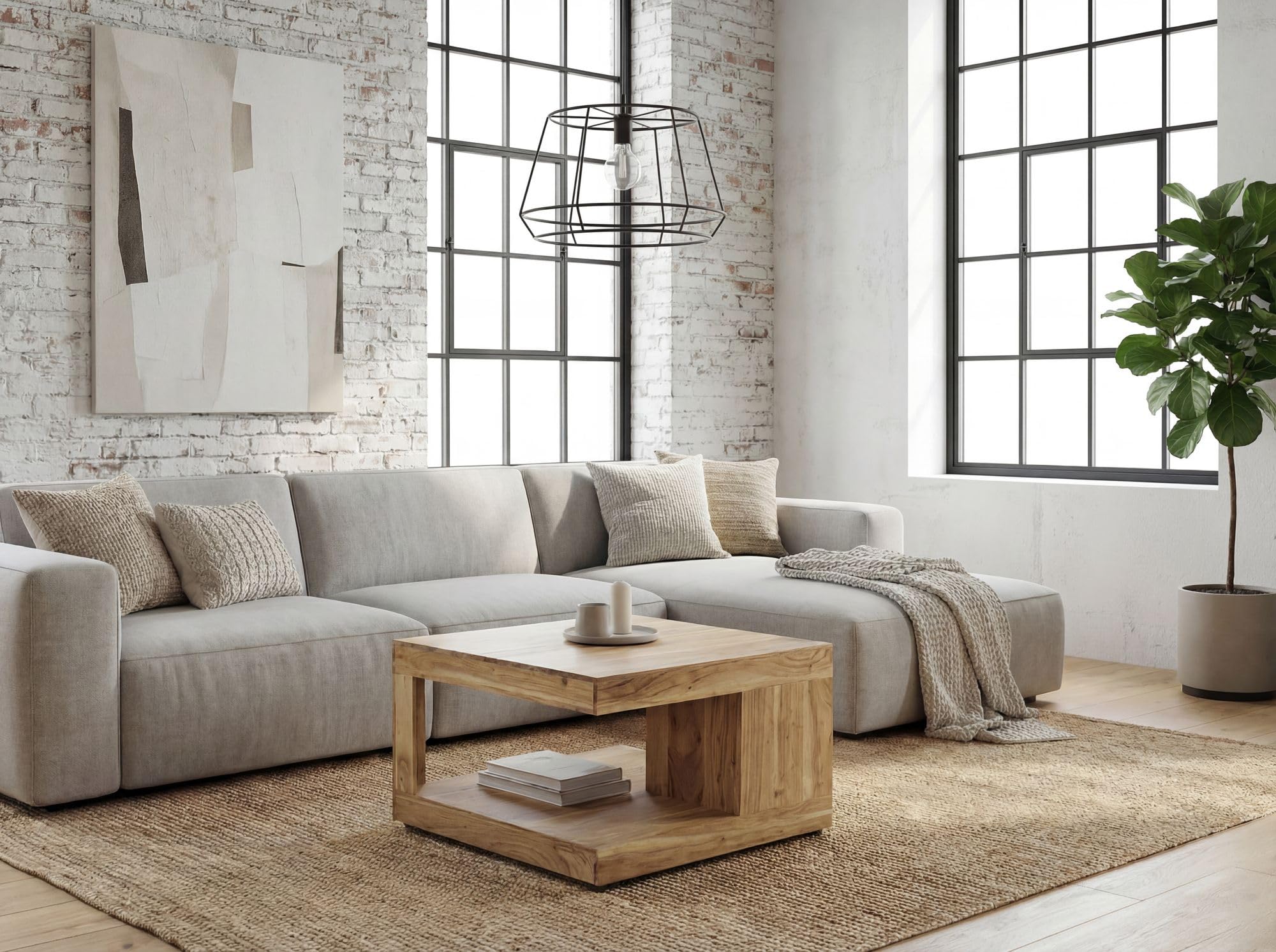 FineBuy Mesa de centro de madera maciza de acacia, 60 cm, mesa cuadrada para salón con compartimento, mesa de sofá de diseño, mesa de salón abierta, mesa auxiliar natural hecha a mano