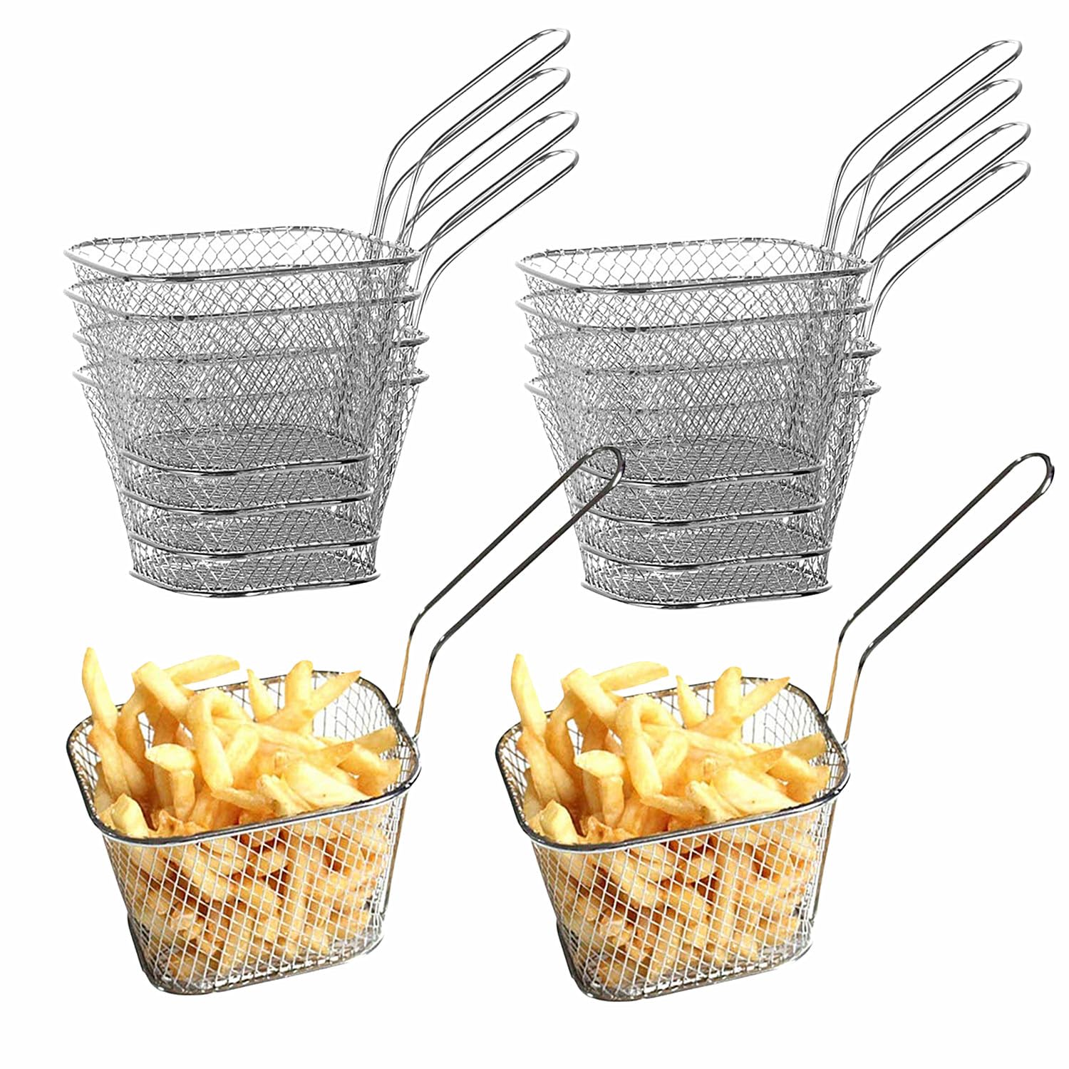 10 mini cestas cuadradas para freír, rejilla freidora, cesta de acero inoxidable con mango largo para patatas fritas para cocina, restaurante, fiesta, barbacoa, 4.1 x 3.3 x 2.5 pulgadas.