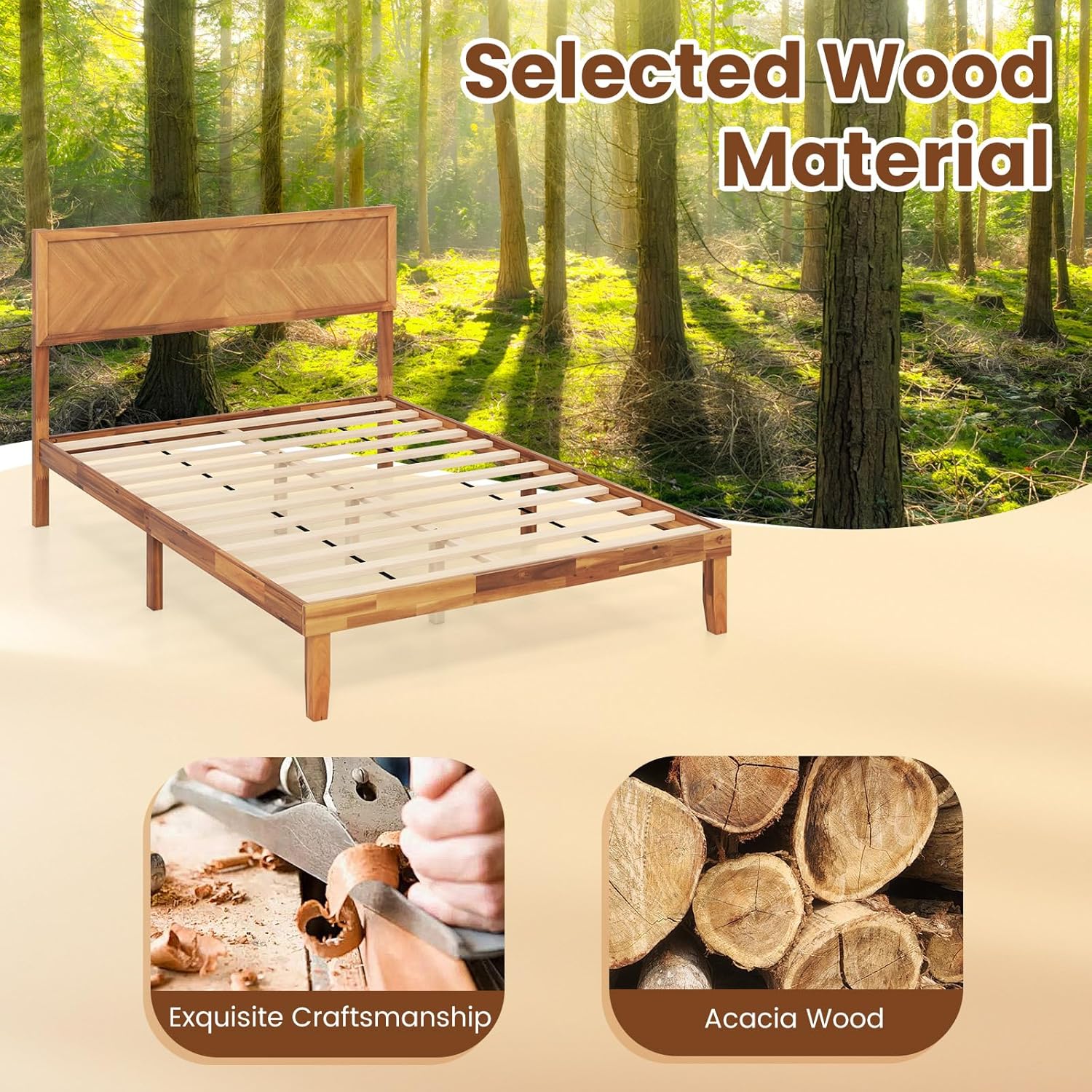 Image highlighting the selected wood material and exquisite craftsmanship, showing acacia wood logs and woodworking tools