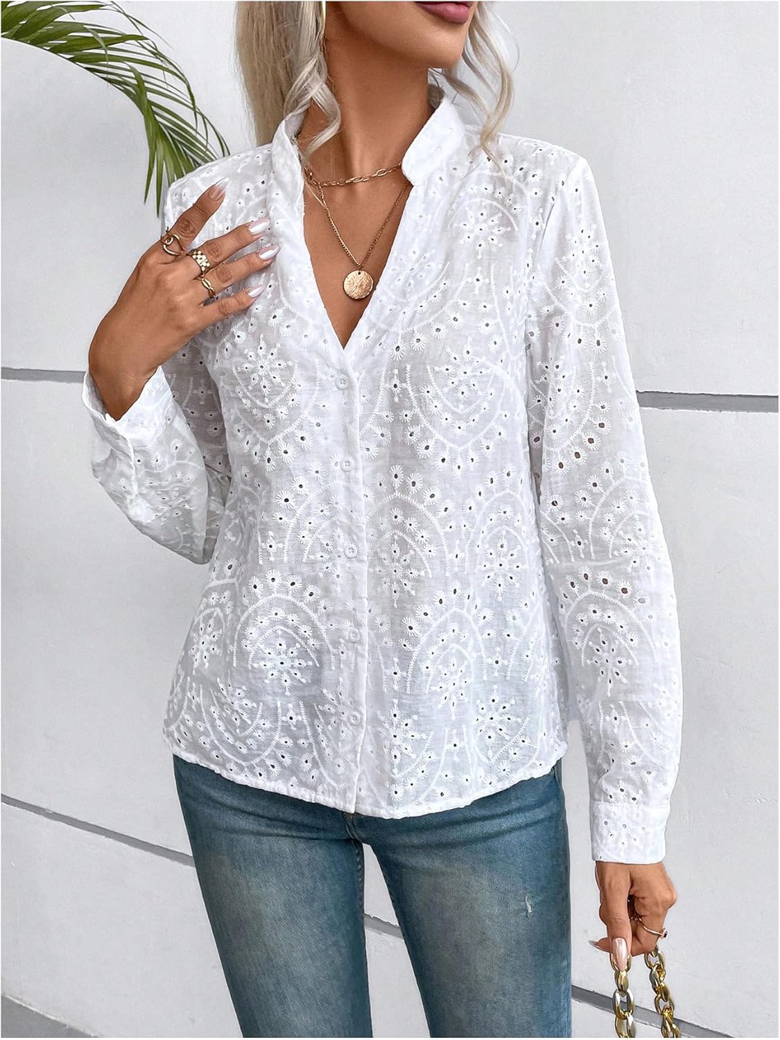 SweatyRocks Women's Notched V Neck Roll Up Sleeve Button Down Eyelet Blouses Tops - Image 3