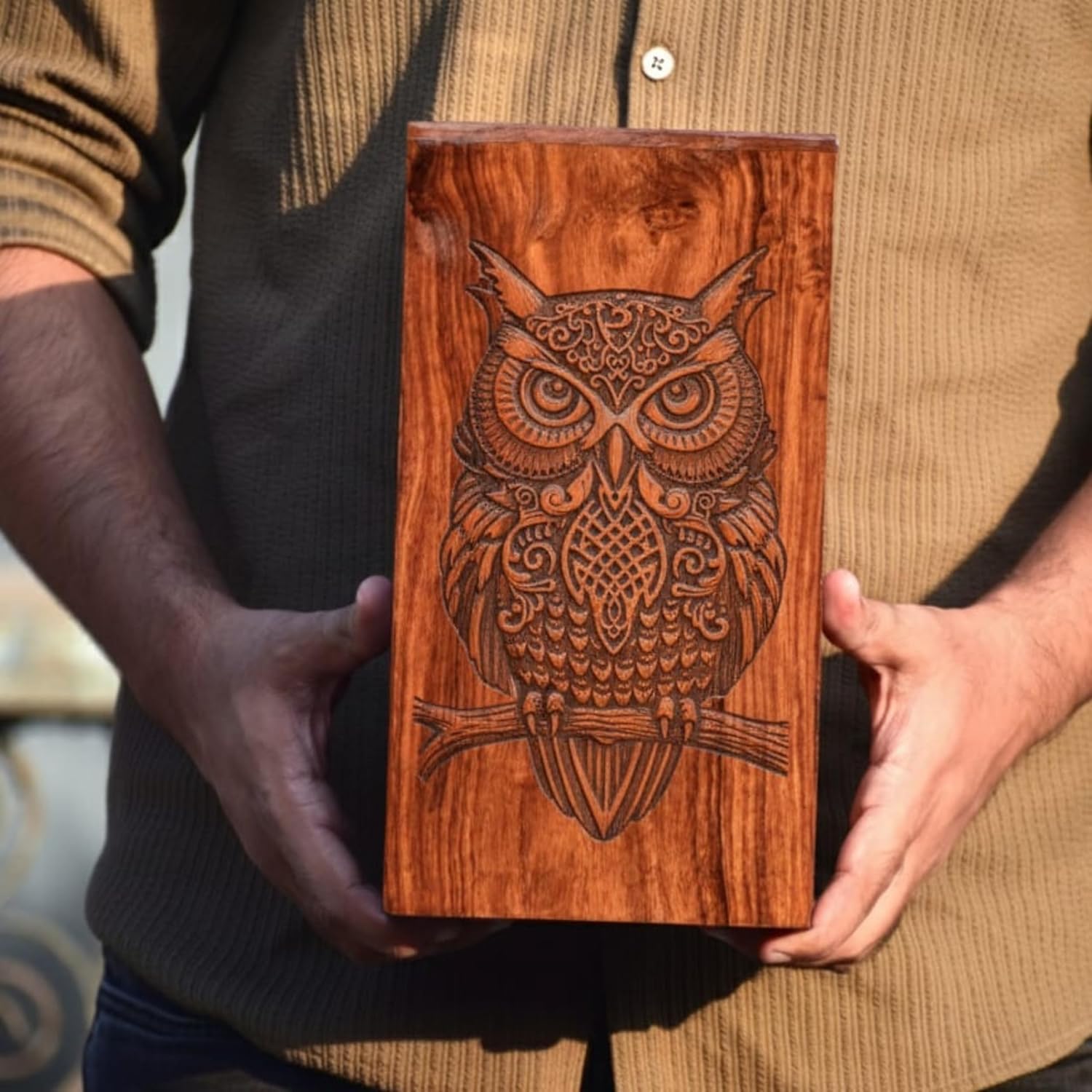 Handcrafted Wooden Owl Urn for Human Ashes | Sheesham Wood Cremation Urn with Owl Carving | Wisdom & Strength Symbol Memorial Box | Handmade Funeral Urn (Medium: 4.7" (L) x 4.7" (W) x 8" (H))