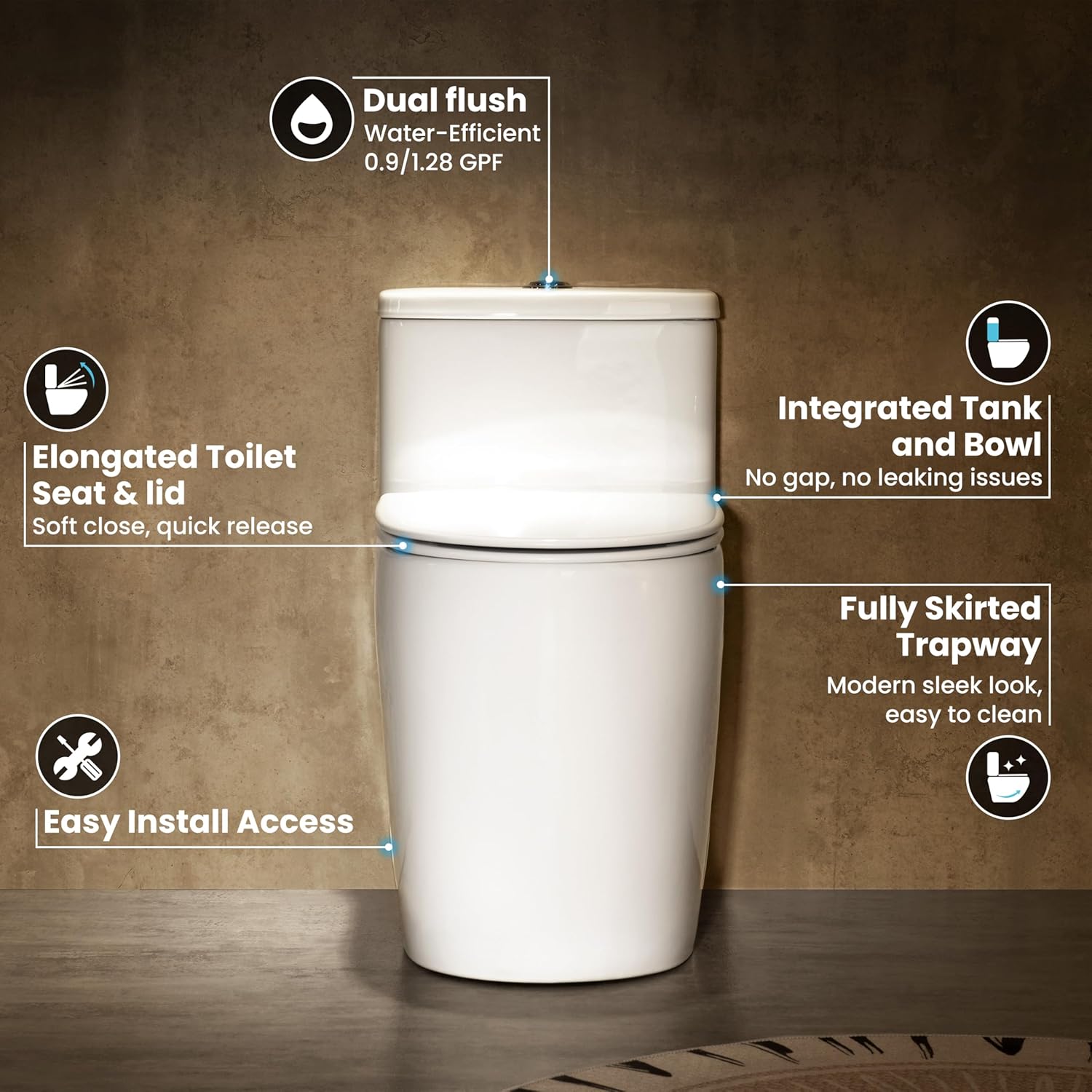 Casta Diva One Piece Toilet Elongated with 17.5" ADA Height Comfort Chair Seat Compact Modern Toilets for Bathroom, Dual Flush High Efficiency 1.0/1.28 GPF & MAP 1000g, 12'' Rough-in, White