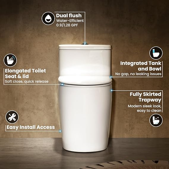 Casta Diva One Piece Toilet Elongated with 17.5 ADA Height Comfort Seat | Compact Modern Toilets for Bathroom, Dual Flush High Efficiency 1.0/1.28 GPF, MAP 1000g,Chair Height, 12'' Rough-in, White