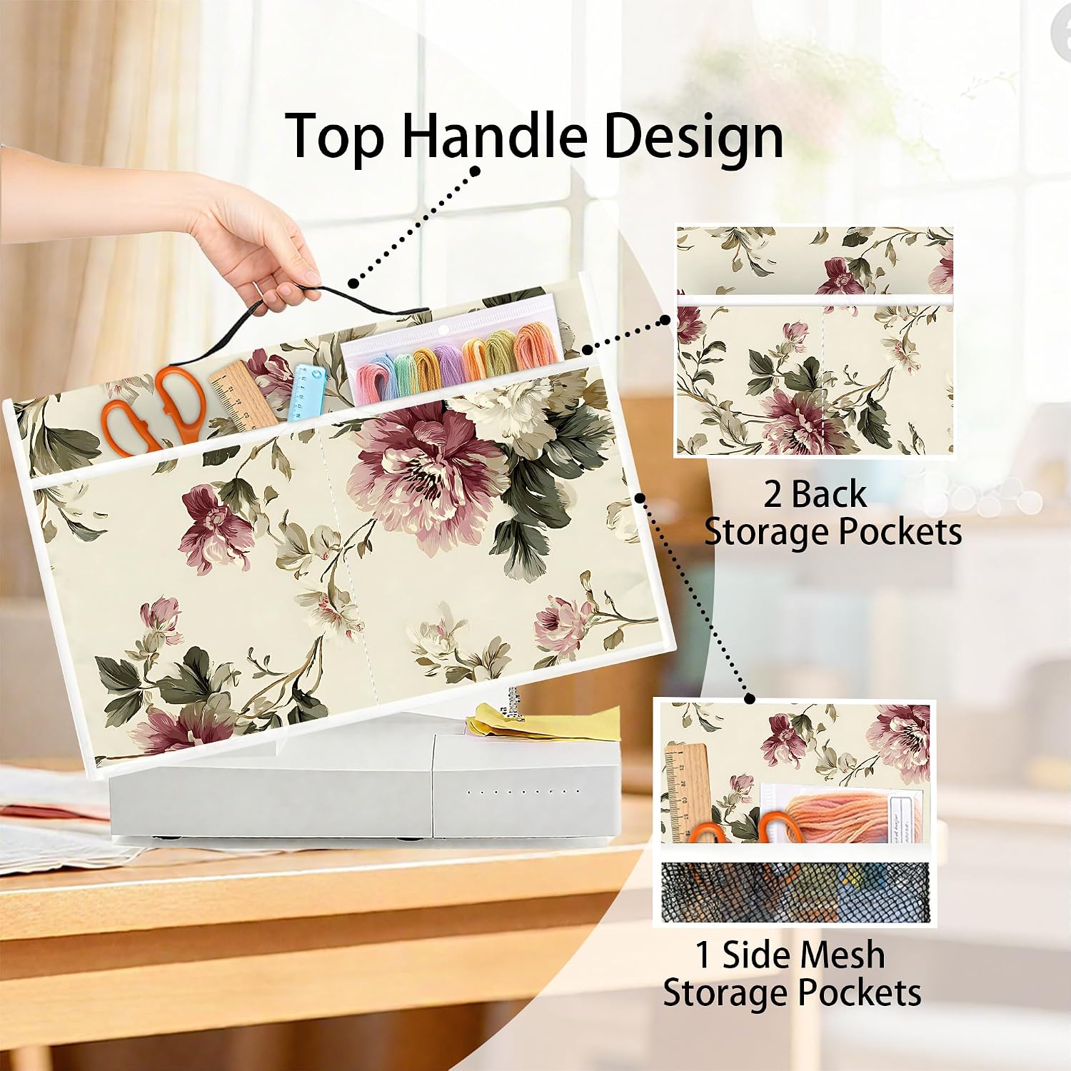 Sewing Machine Dust Cover with Top Handle and Side Sewing Essentials Pockets – Protective Decoration Cover for Standard Sewing Machines