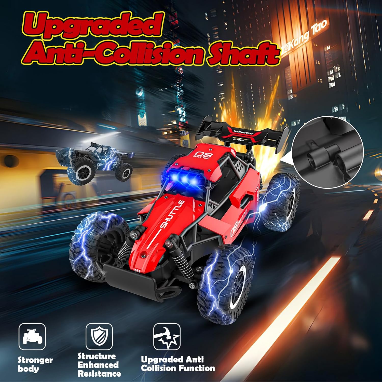 Remote Control Car for Kids 3 4 5 6 7+, 20 KM/H High-Speed RC Cars with LED Lights, 2.4GHz 2WD Monster Truck Toys, Rechargeable RC Car,Toy Cars for Girls Boys,Upgraded Anti-Collision Shaft–Black