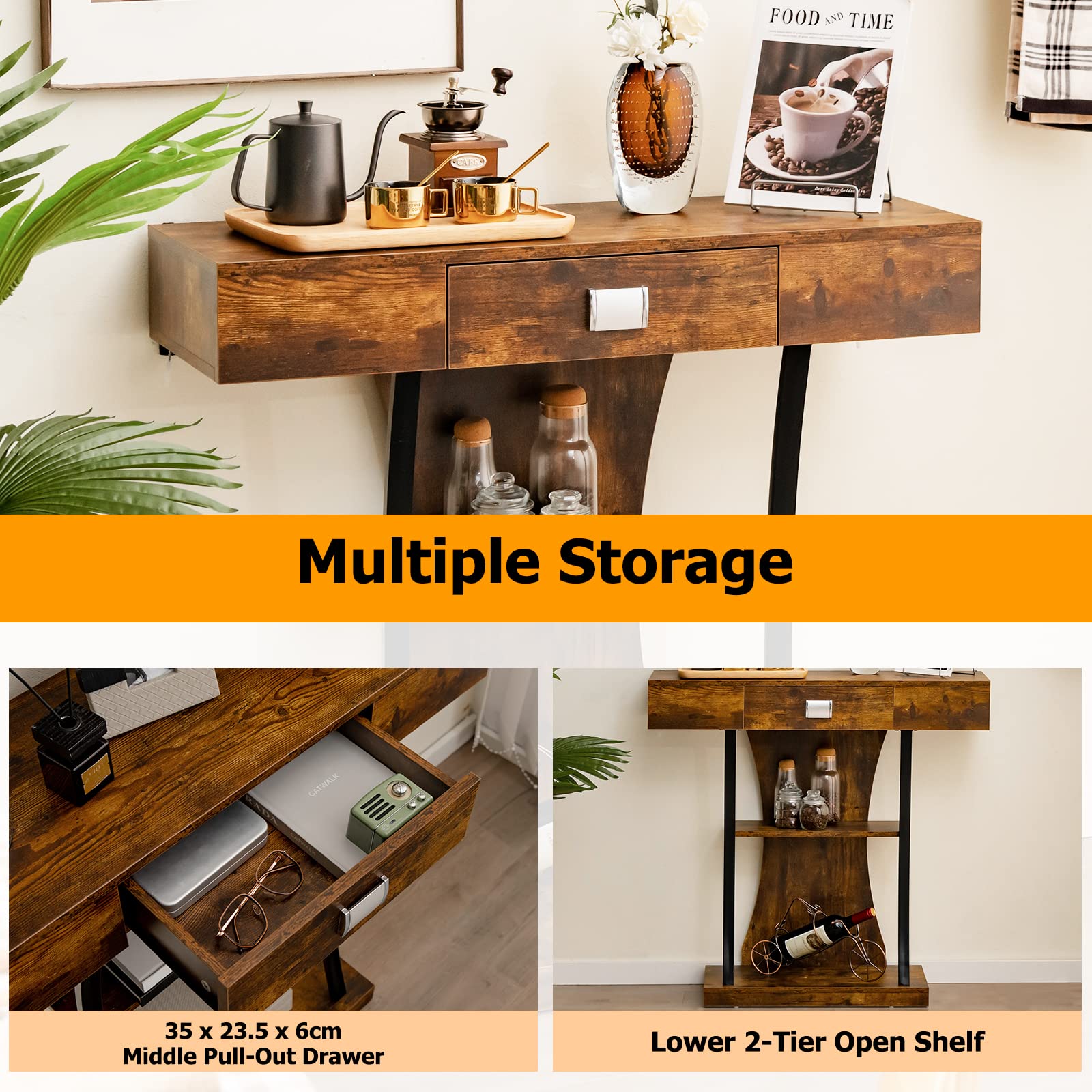 LIFEZEAL Konsolentisch Schmal, Flurtisch mit 3 Ebenen, Beistelltisch Holz mit Schublade, Sideboard Console Table für Eingang, Flur, Wohnzimmer, Rustikales Braun (Braun)