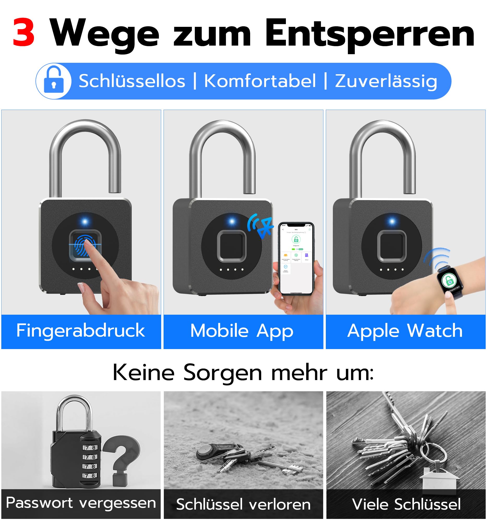 Smart Fingerabdruck Vorhängeschloss mit Bluetooth App – Elektronisches Kombischloss für Fitnessraum, Gartentor, Außenschrank und Lager – Schwarz